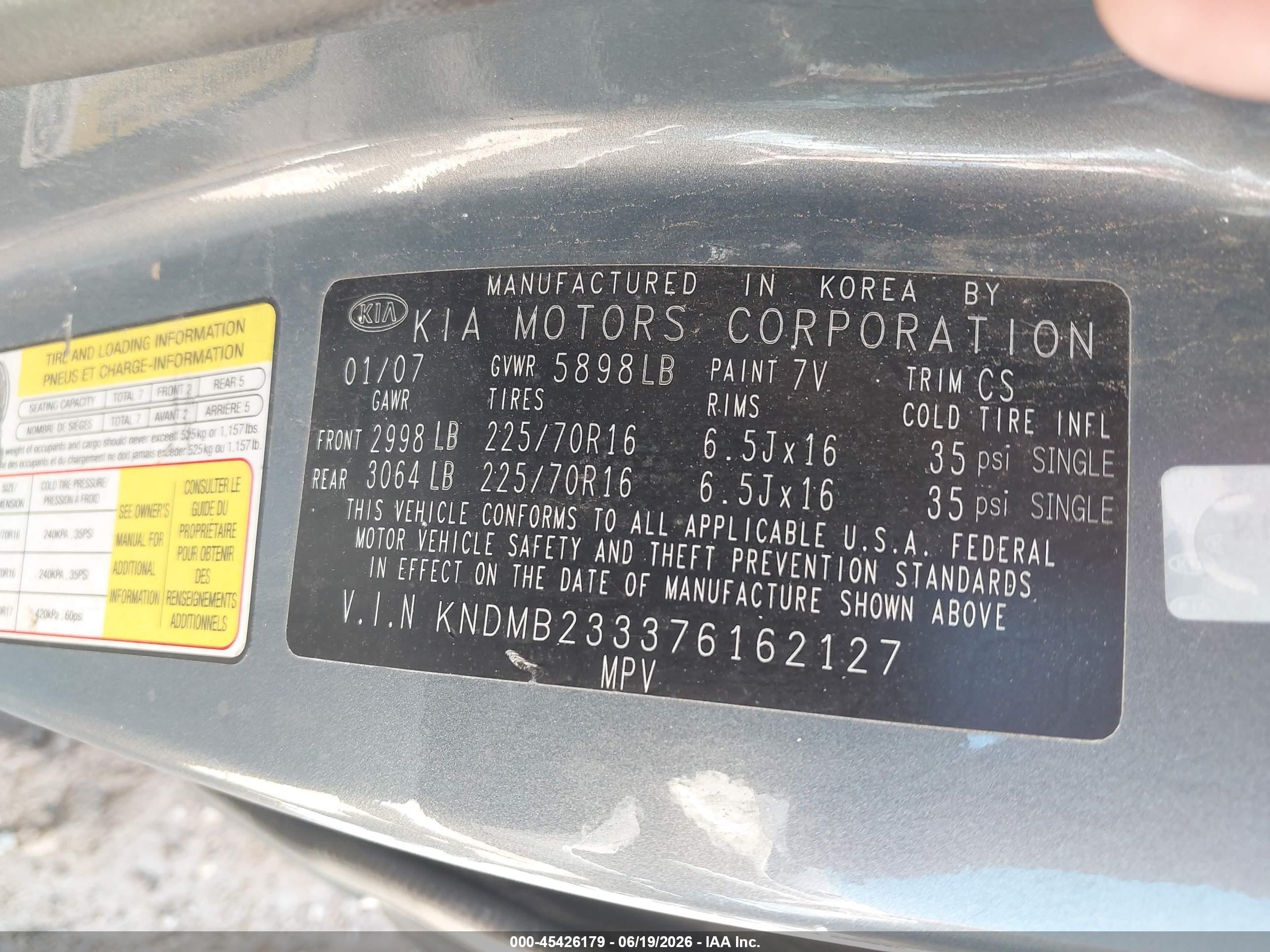 2007 Kia Sedona Lx Light Blue vin: KNDMB233376162127