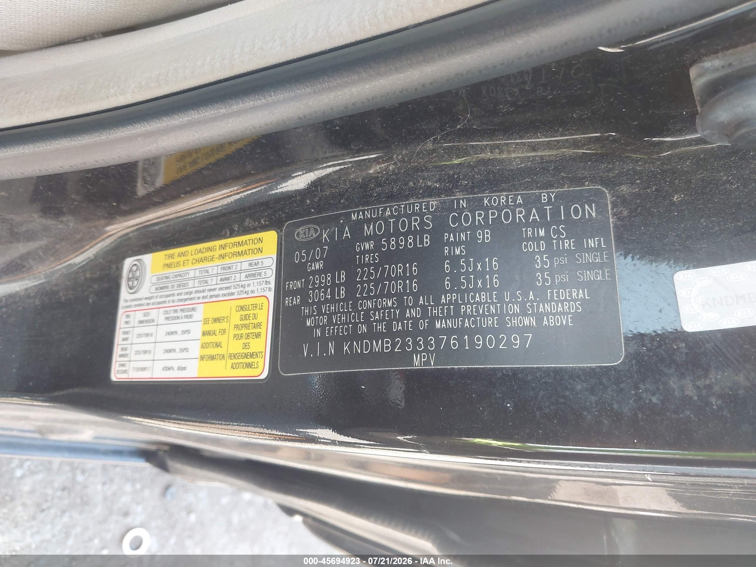 2007 Kia Sedona Lx Black vin: KNDMB233376190297
