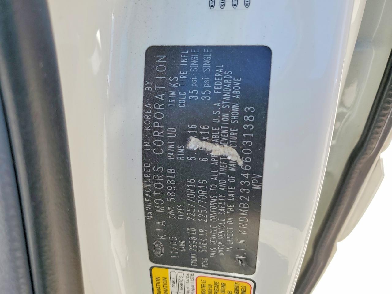 2006 Kia Sedona Lx White vin: KNDMB233466031383