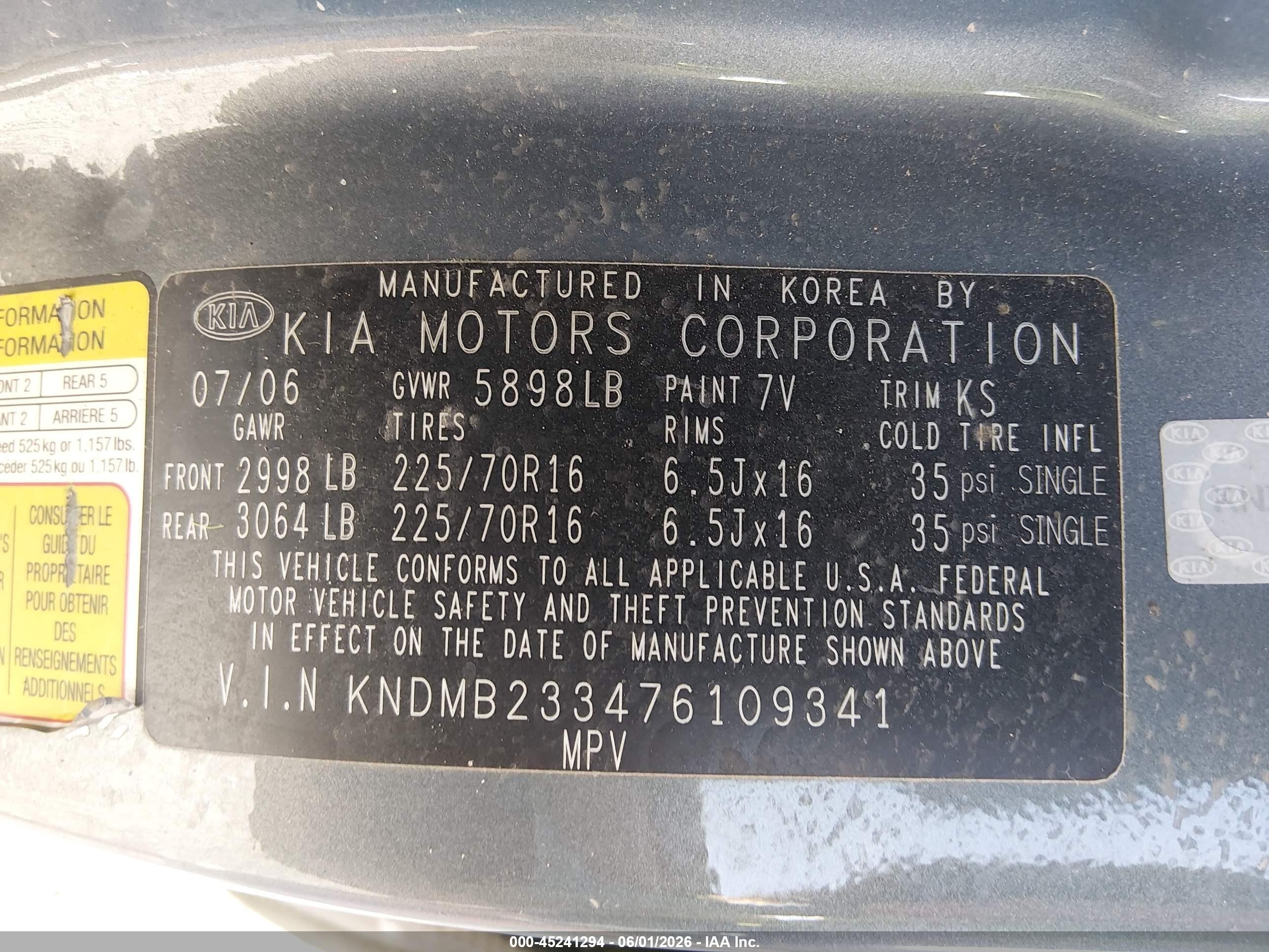 2007 Kia Sedona Lx Blue vin: KNDMB233476109341