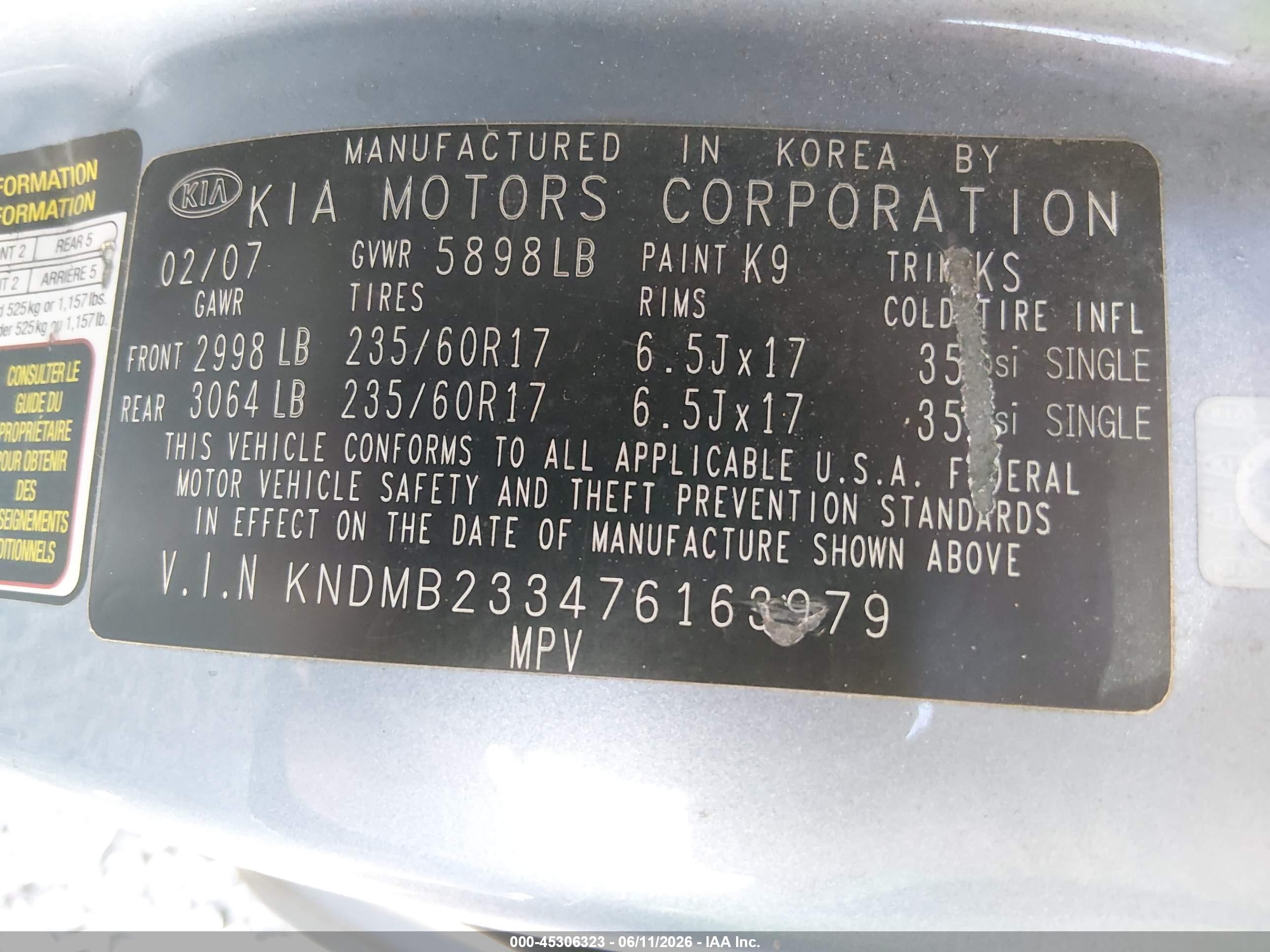 2007 Kia Sedona Ex Синий vin: KNDMB233476163979