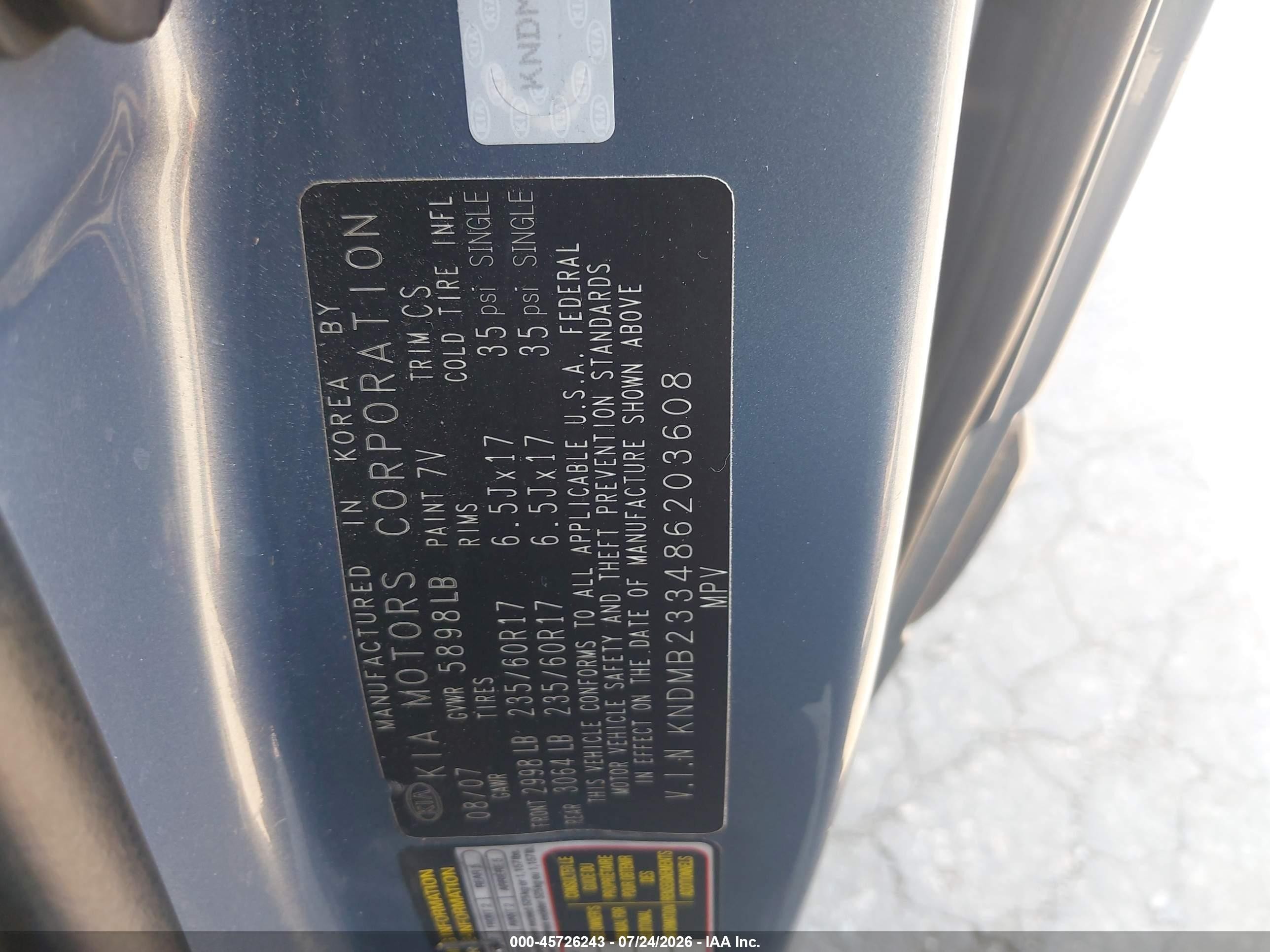 2008 Kia Sedona Ex Light Blue vin: KNDMB233486203608