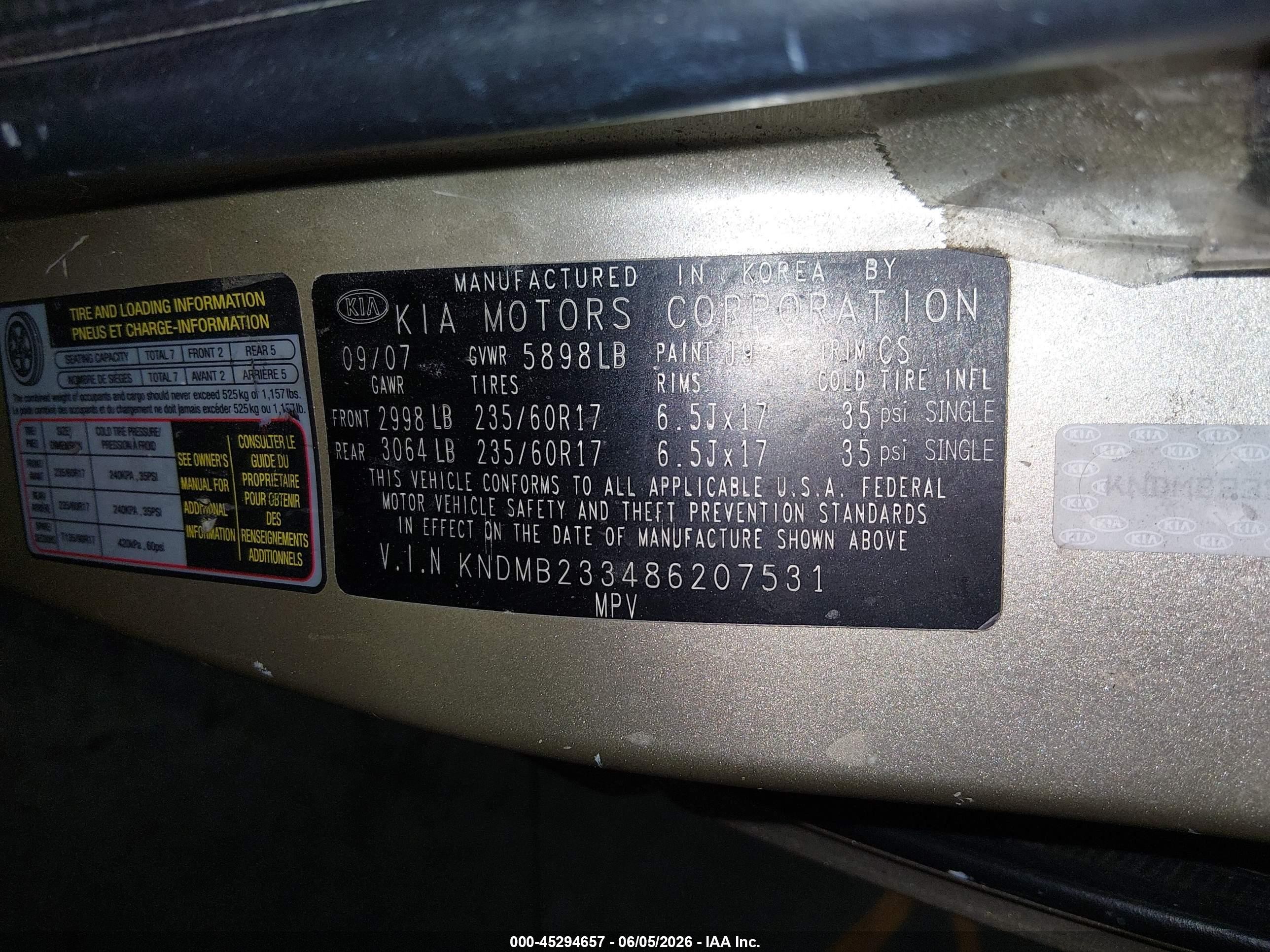 2008 Kia Sedona Ex/lx Tan vin: KNDMB233486207531