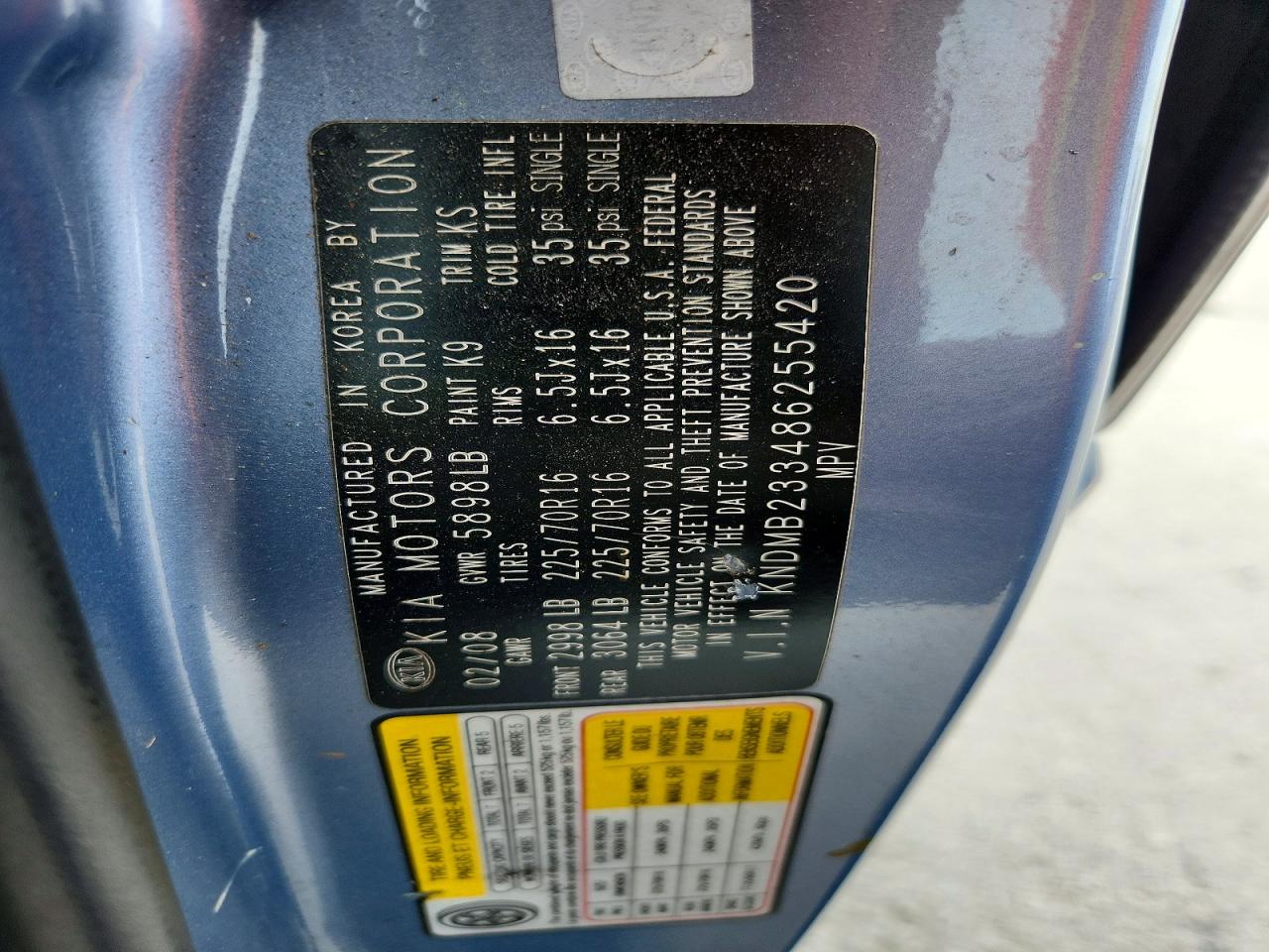 2008 Kia Sedona Ex Blue vin: KNDMB233486255420