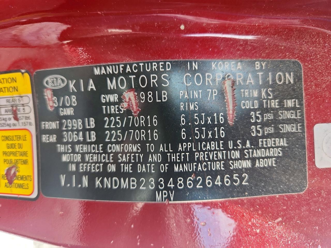 2008 Kia Sedona Lx Red vin: KNDMB233486264652