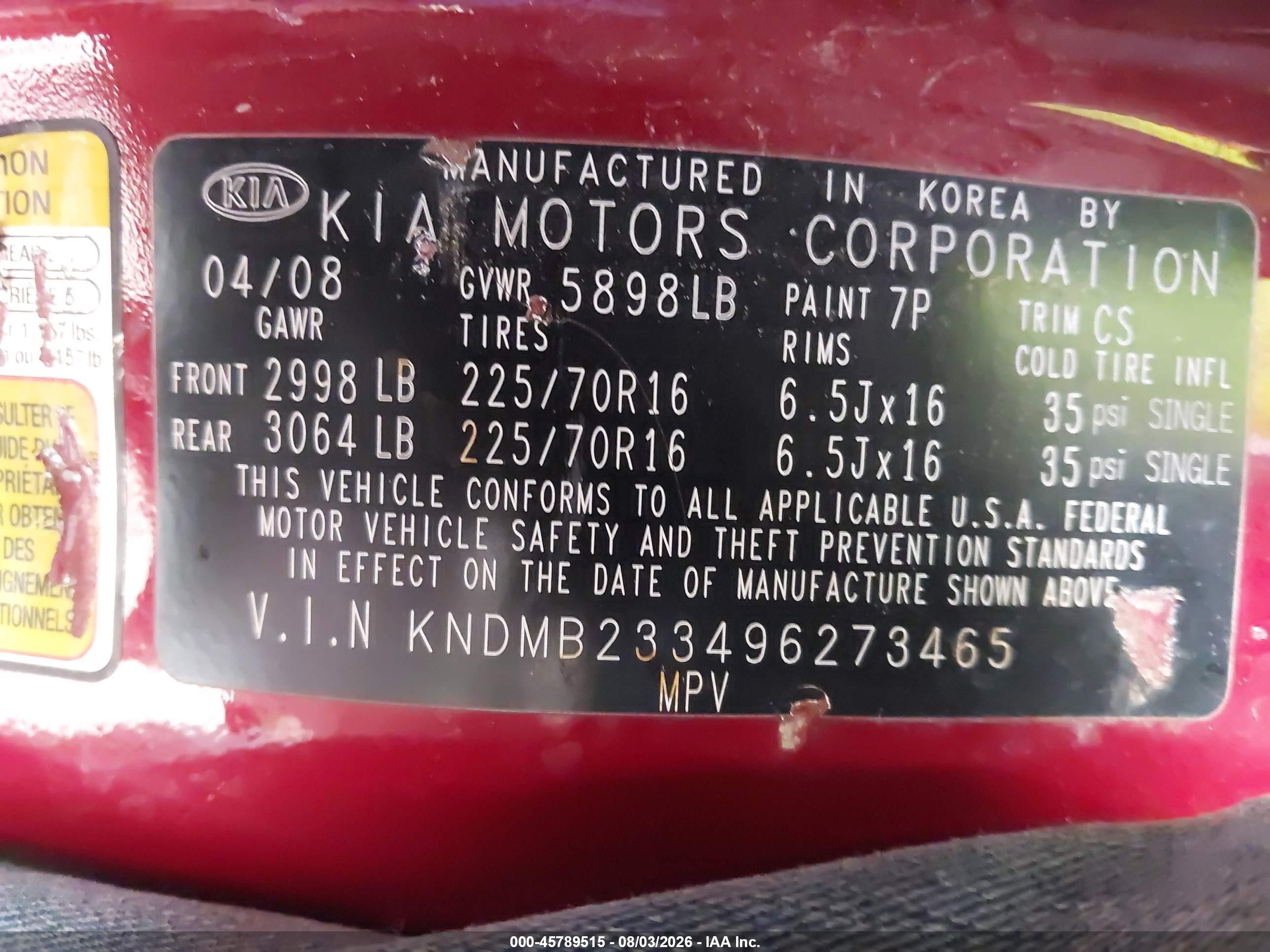 2009 Kia Sedona Lx Red vin: KNDMB233496273465
