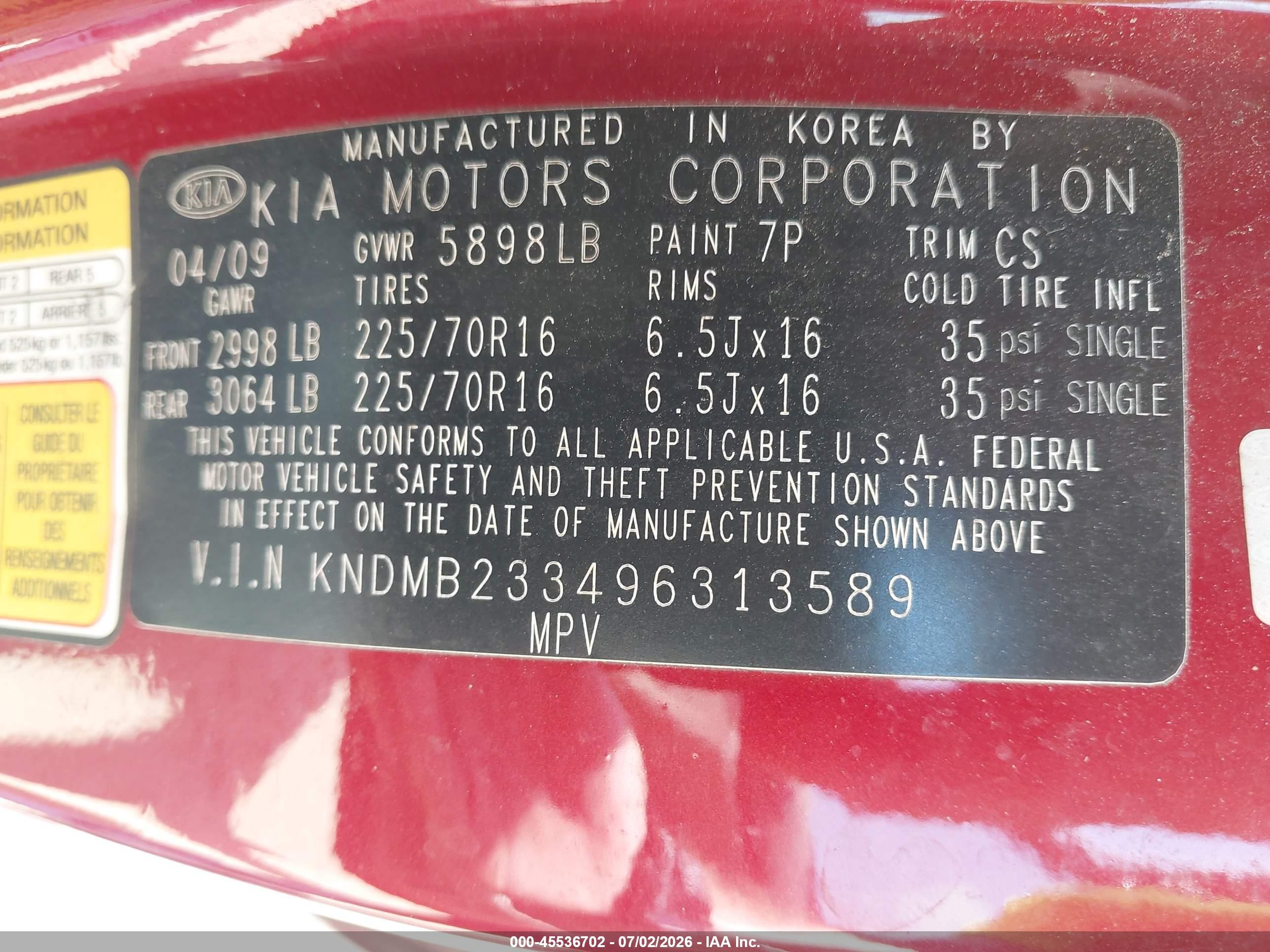 2009 Kia Sedona Lx Burgundy vin: KNDMB233496313589