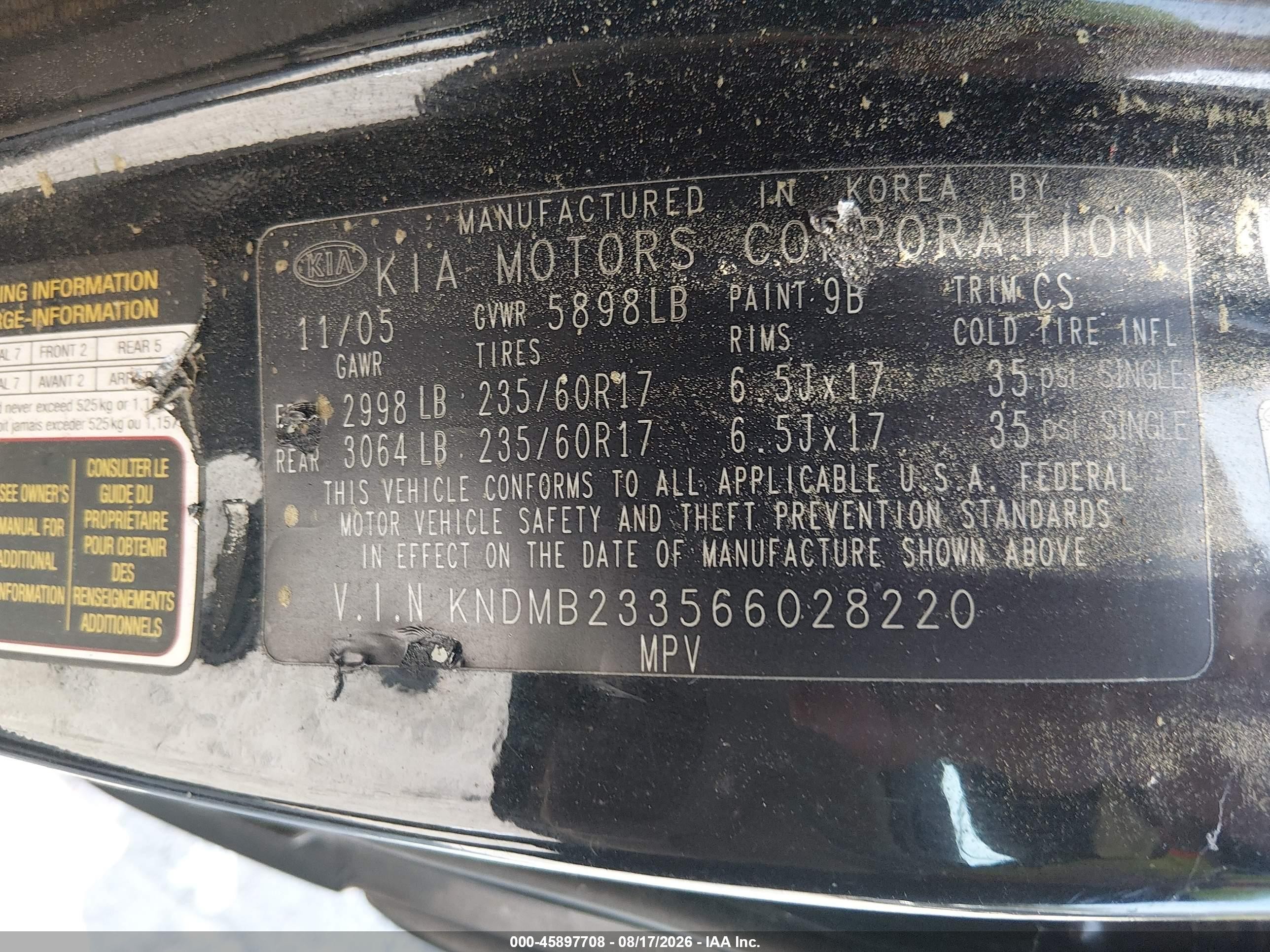 2006 Kia Sedona Ex/lx Черный vin: KNDMB233566028220