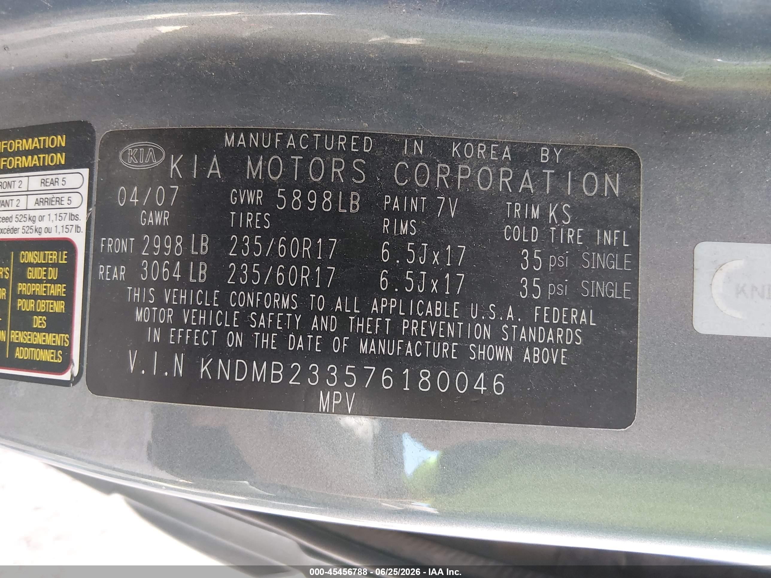 2007 Kia Sedona Ex Gray vin: KNDMB233576180046