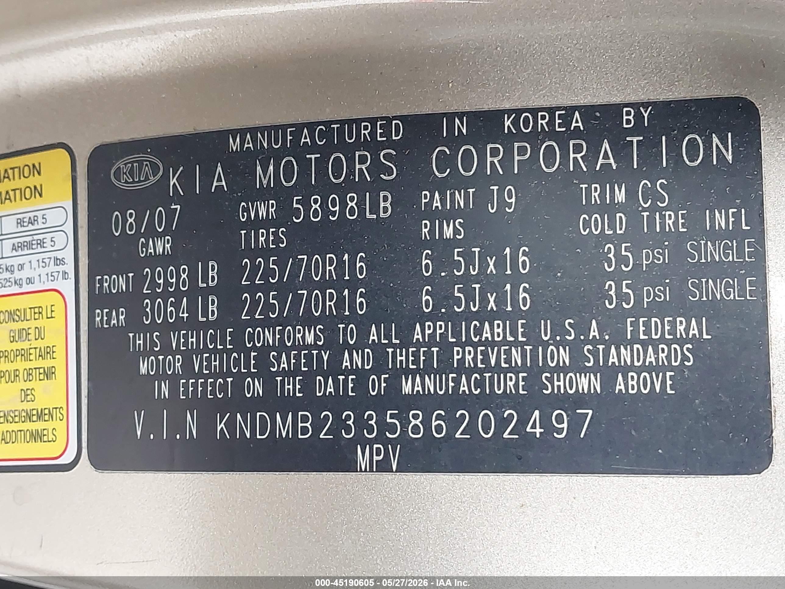 2008 Kia Sedona Lx Gold vin: KNDMB233586202497