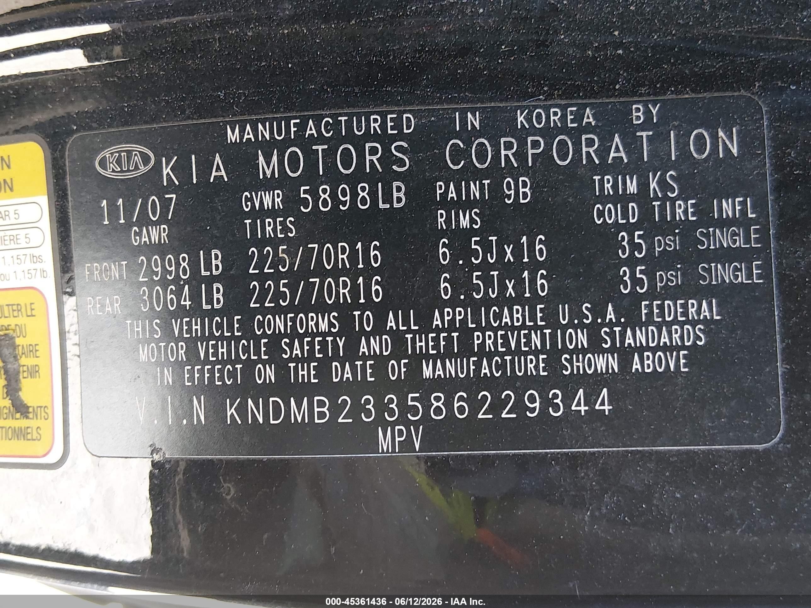 2008 Kia Sedona Lx Black vin: KNDMB233586229344