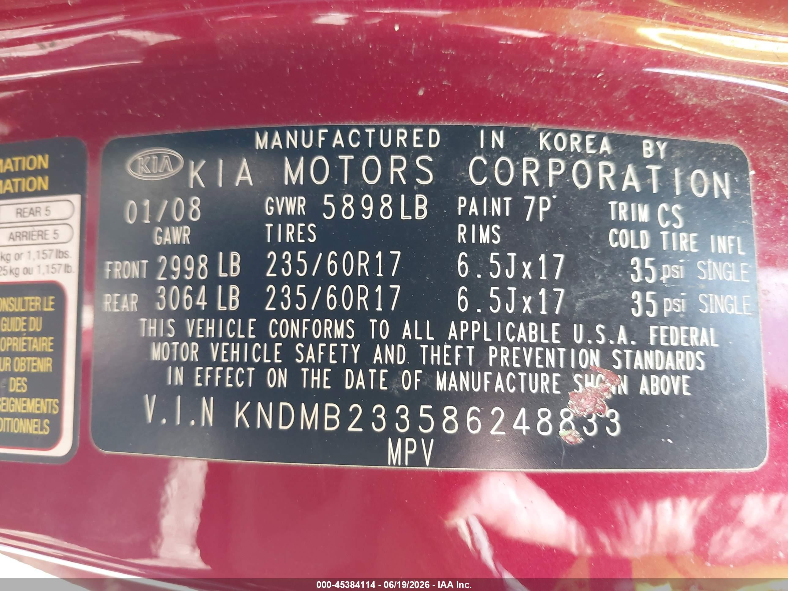 2008 Kia Sedona Ex Red vin: KNDMB233586248833