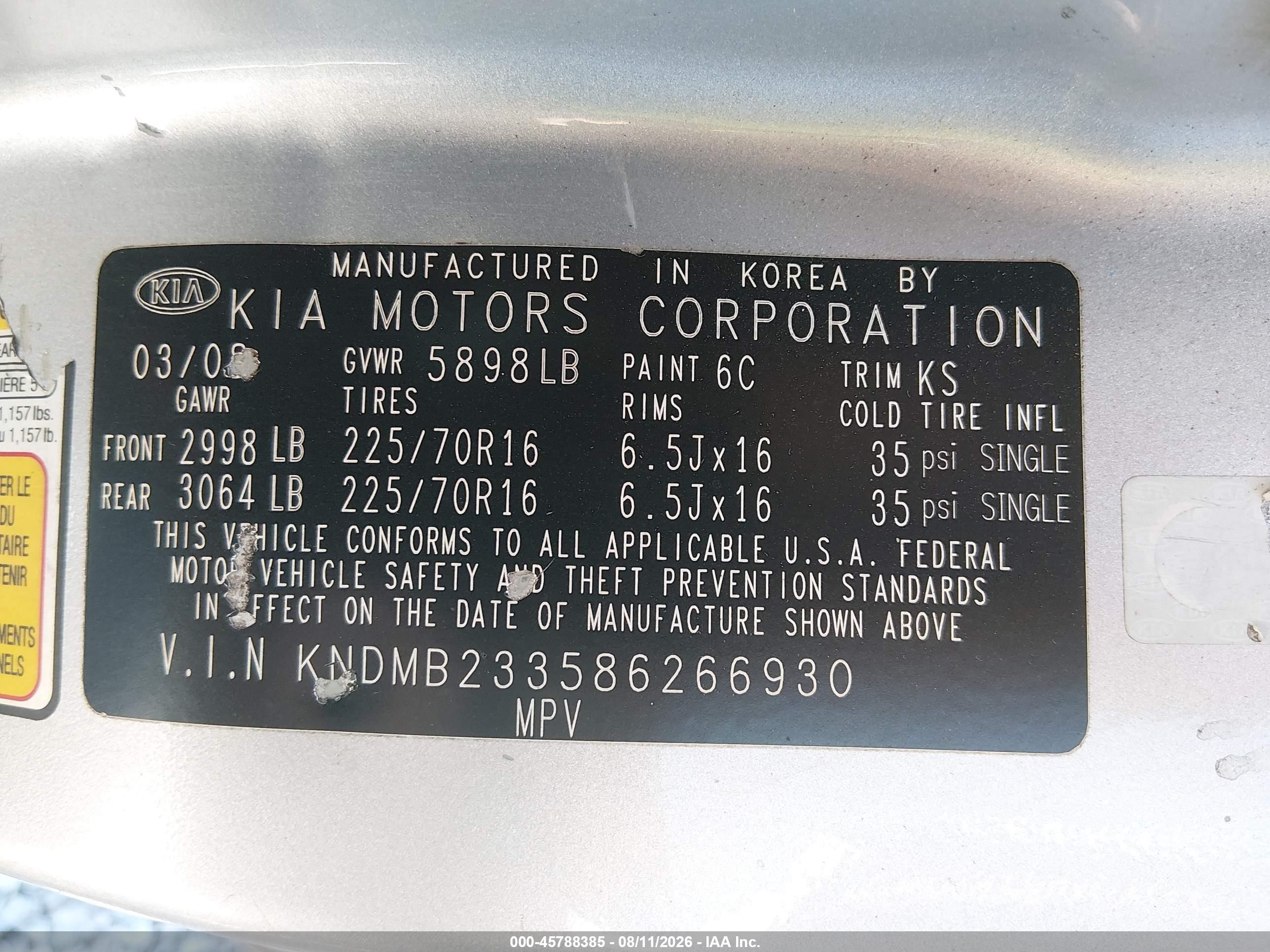 2008 Kia Sedona Lx Silver vin: KNDMB233586266930