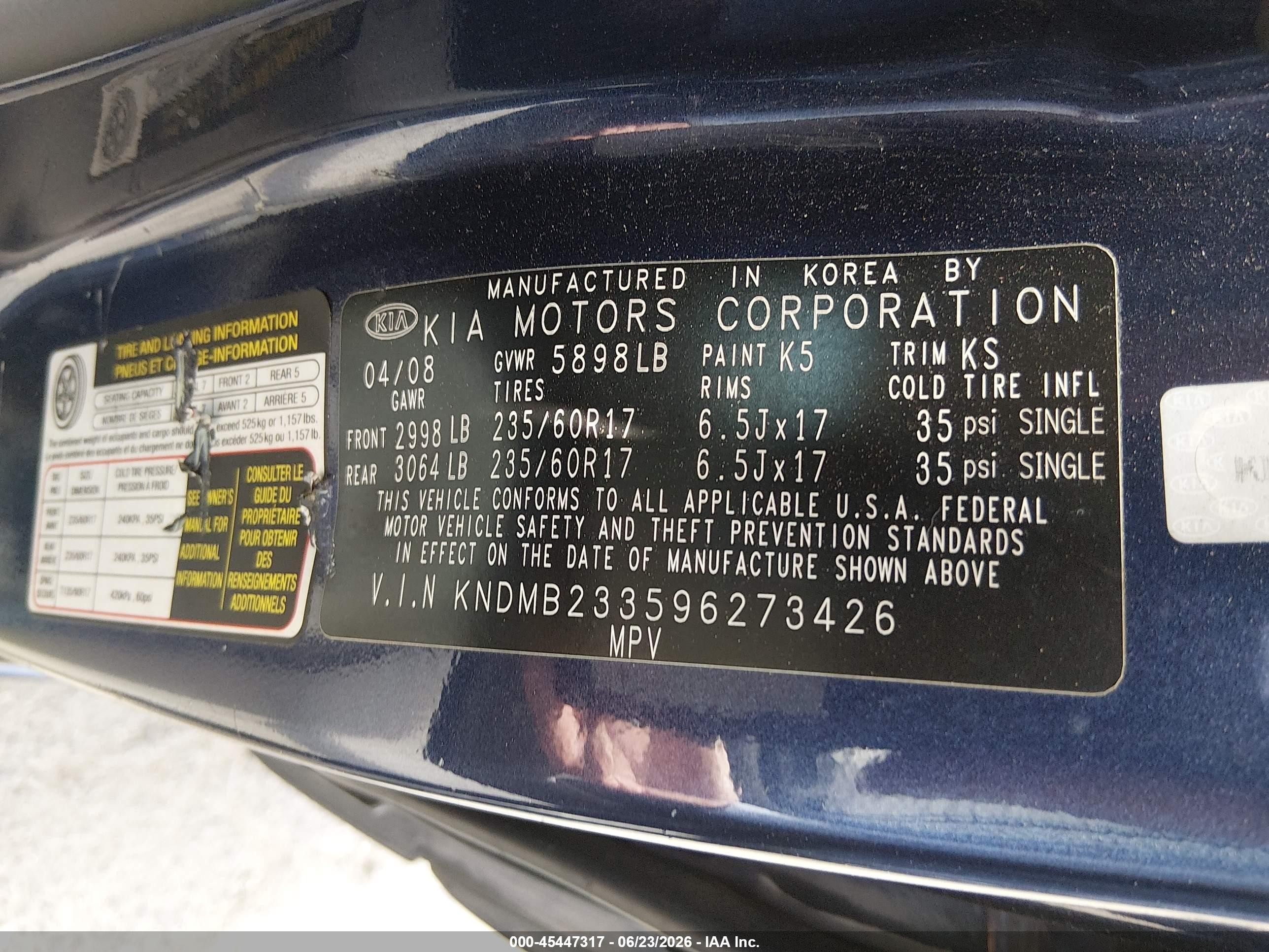 2009 Kia Sedona Ex Blue vin: KNDMB233596273426