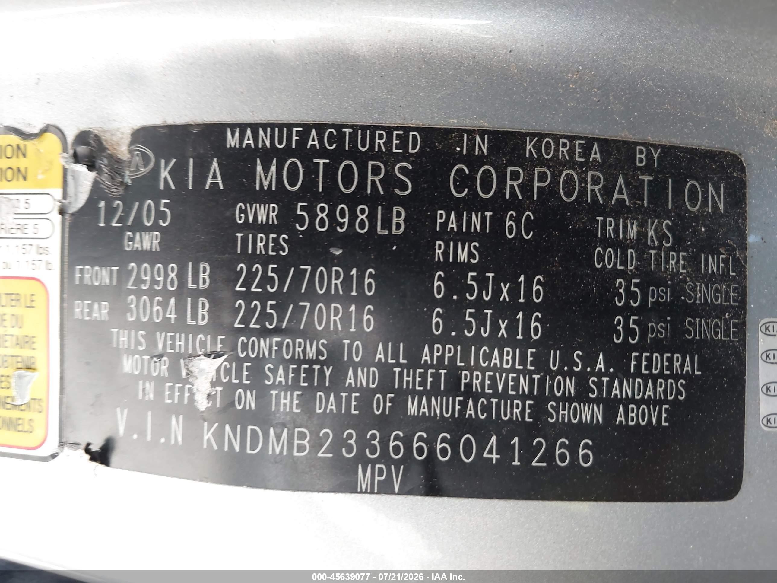 2006 Kia Sedona Ex/lx Silver vin: KNDMB233666041266