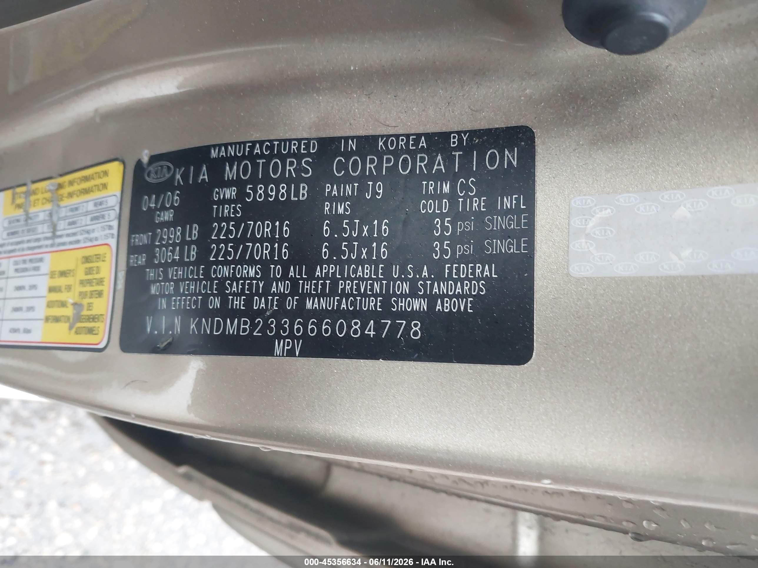 2006 Kia Sedona Ex/lx Beige vin: KNDMB233666084778