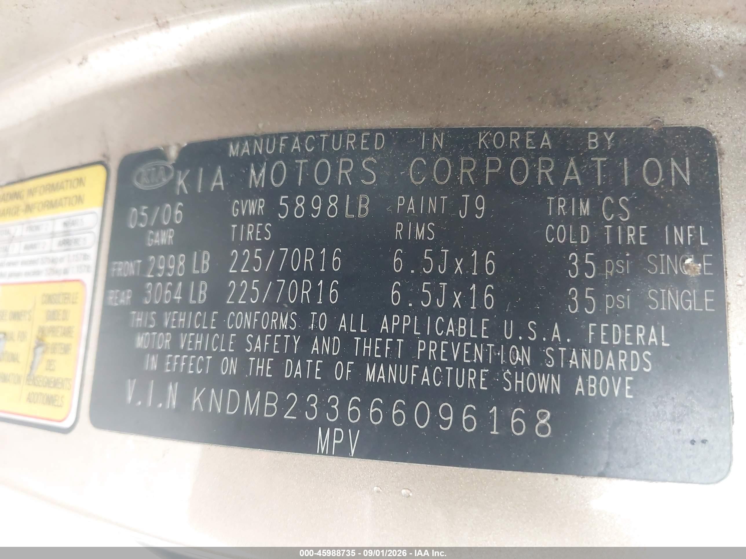 2006 Kia Sedona Ex/lx Gold vin: KNDMB233666096168