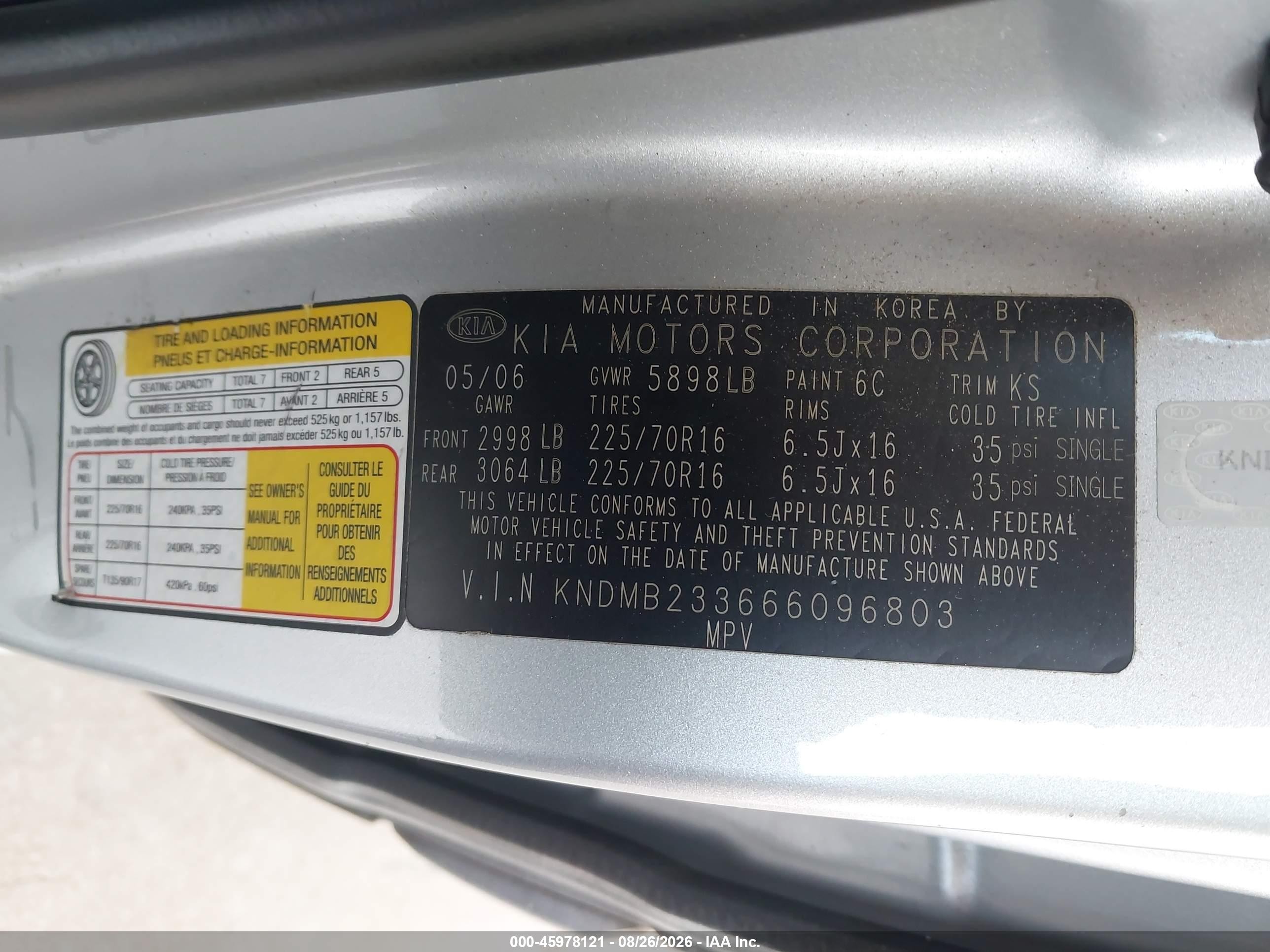 2006 Kia Sedona Ex/lx Silver vin: KNDMB233666096803