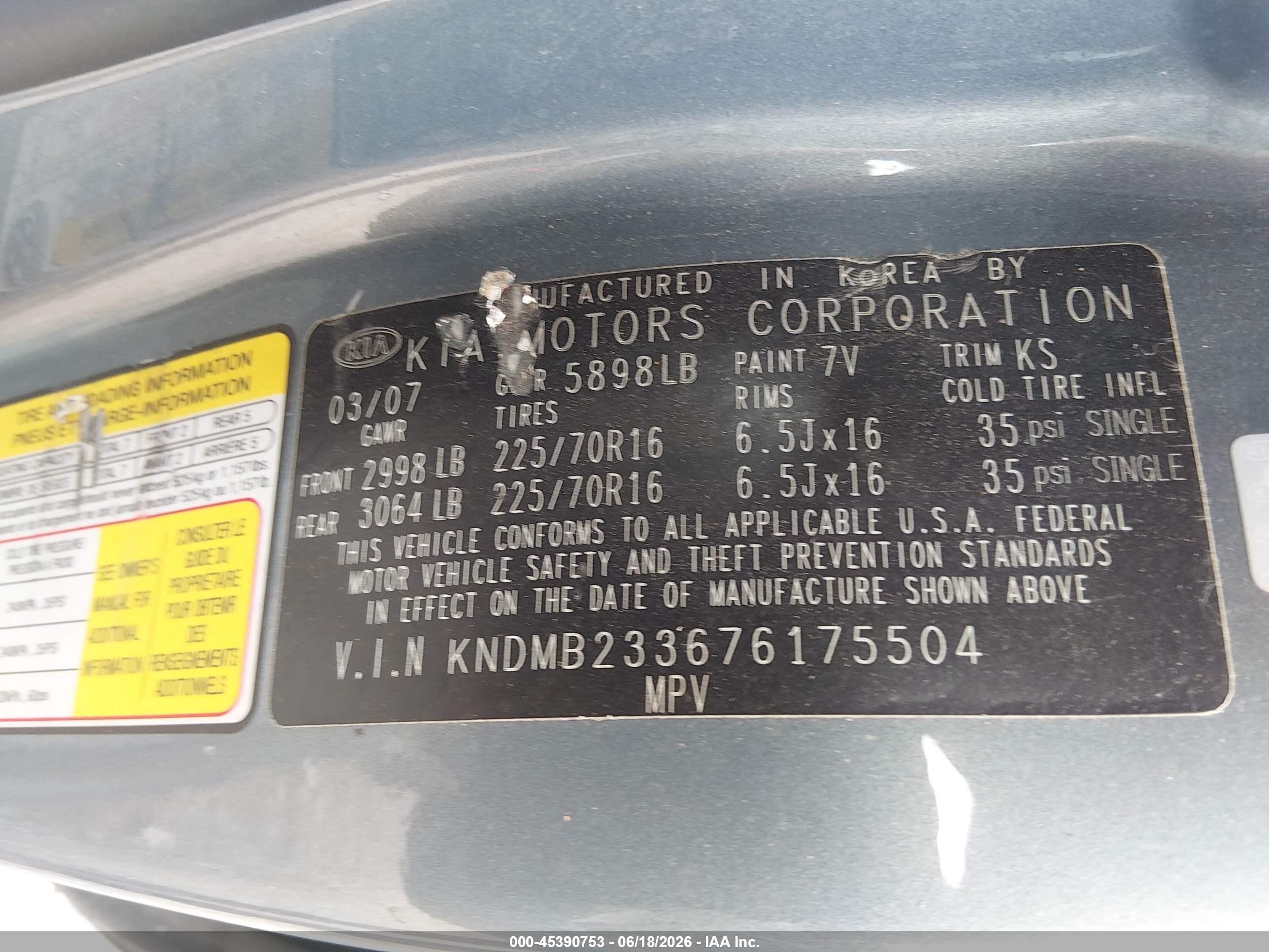 2007 Kia Sedona Lx Blue vin: KNDMB233676175504