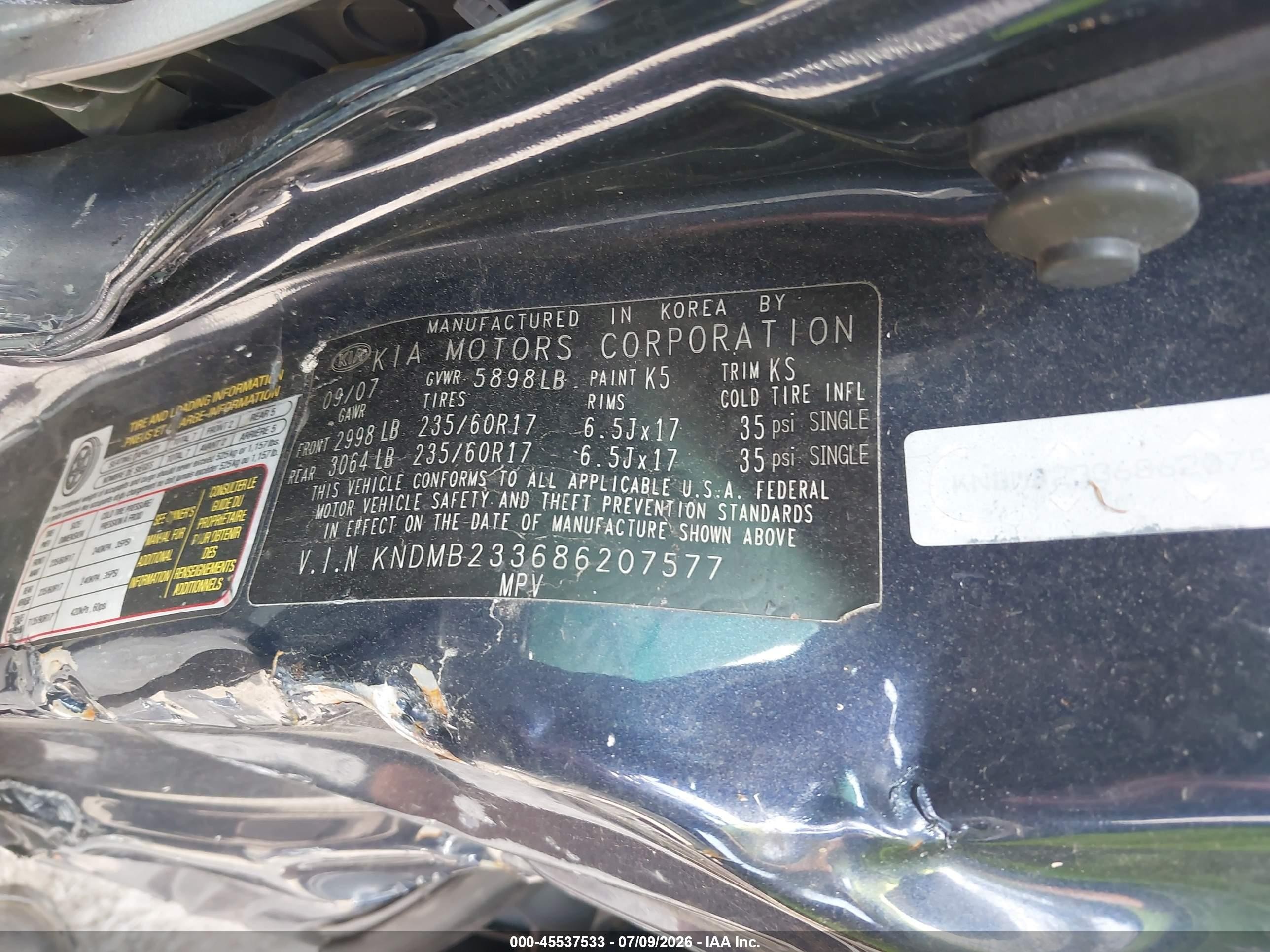 2008 Kia Sedona Ex Blue vin: KNDMB233686207577