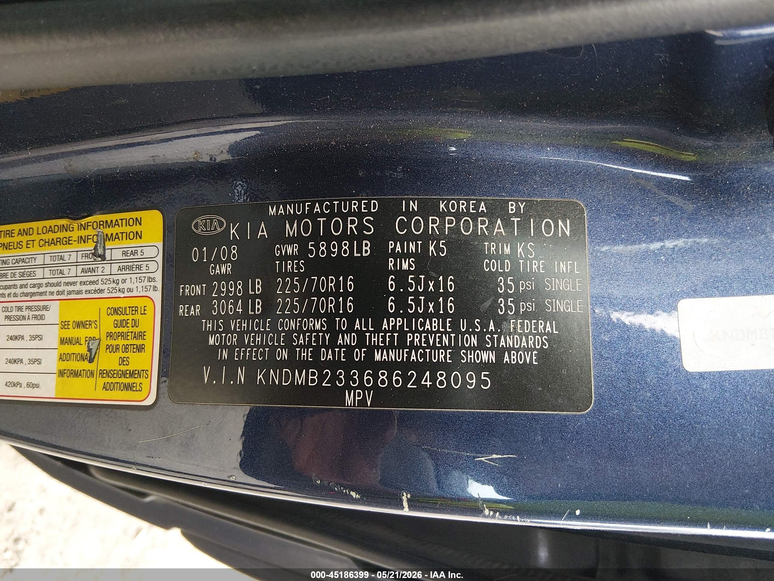 2008 Kia Sedona Lx Blue vin: KNDMB233686248095
