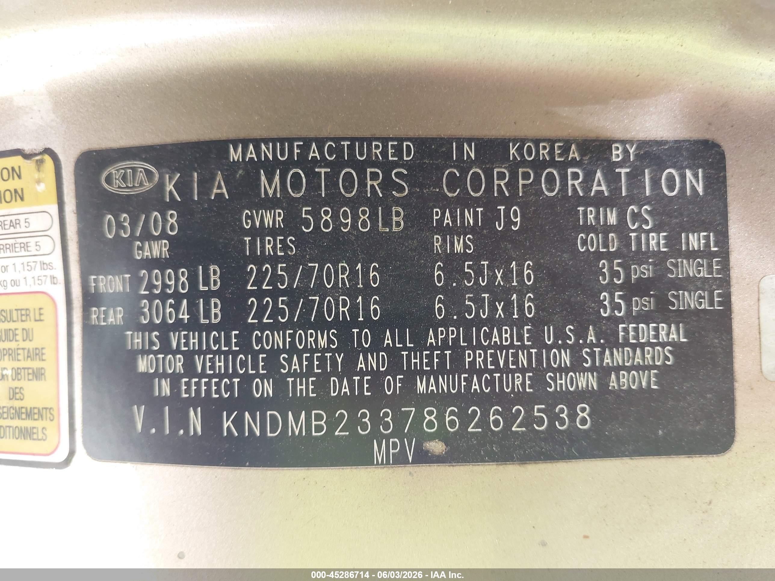 2008 Kia Sedona Lx Gold vin: KNDMB233786262538