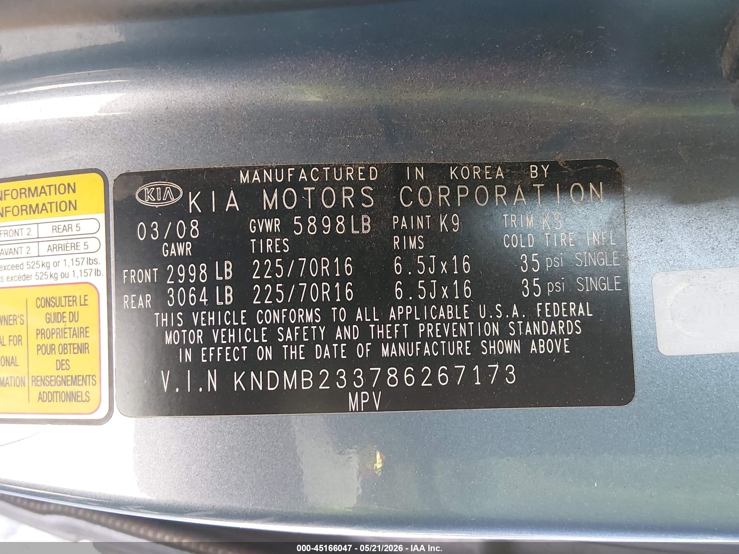 2008 Kia Sedona Lx Blue vin: KNDMB233786267173