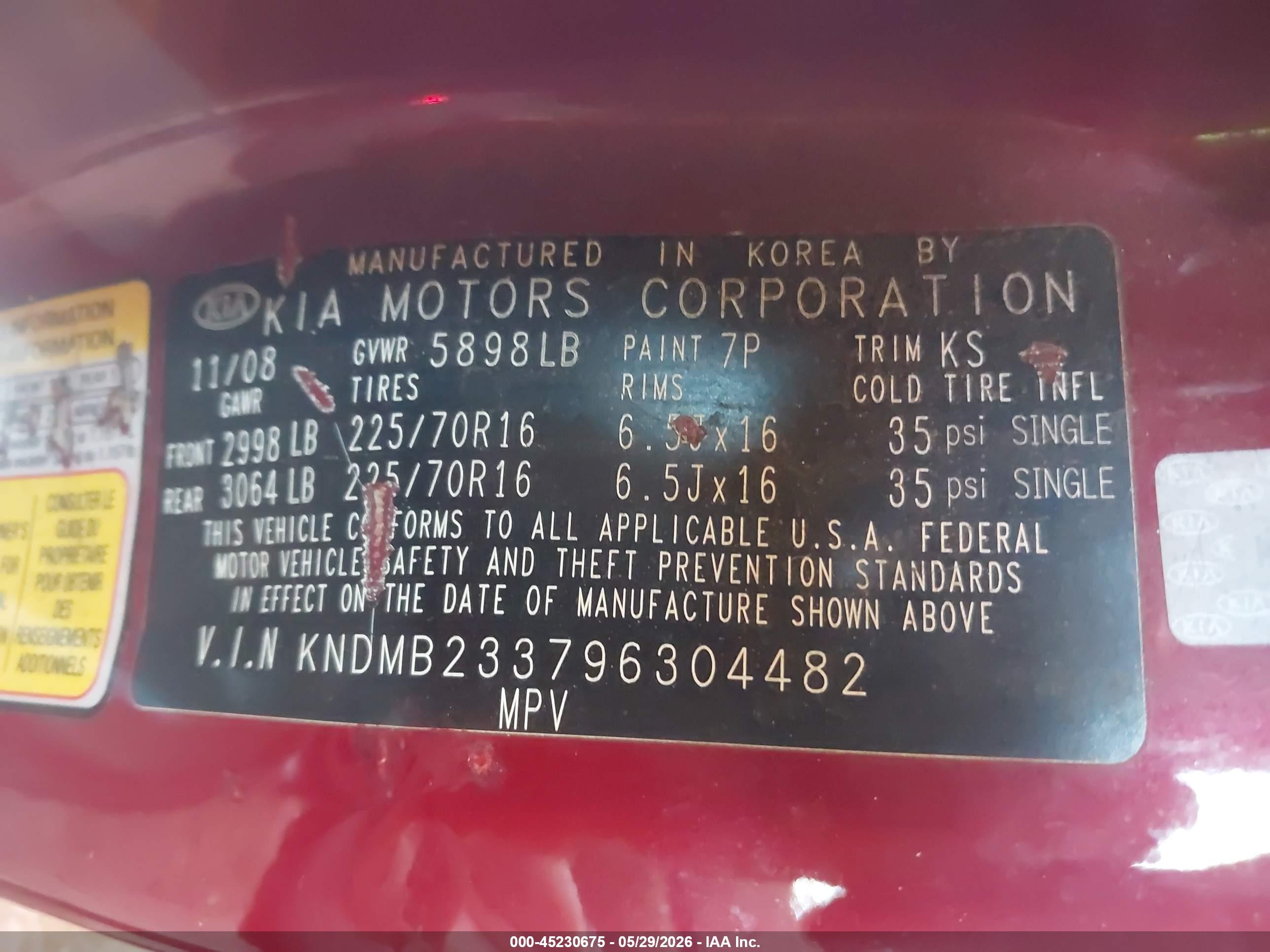 2009 Kia Sedona Lx Burgundy vin: KNDMB233796304482