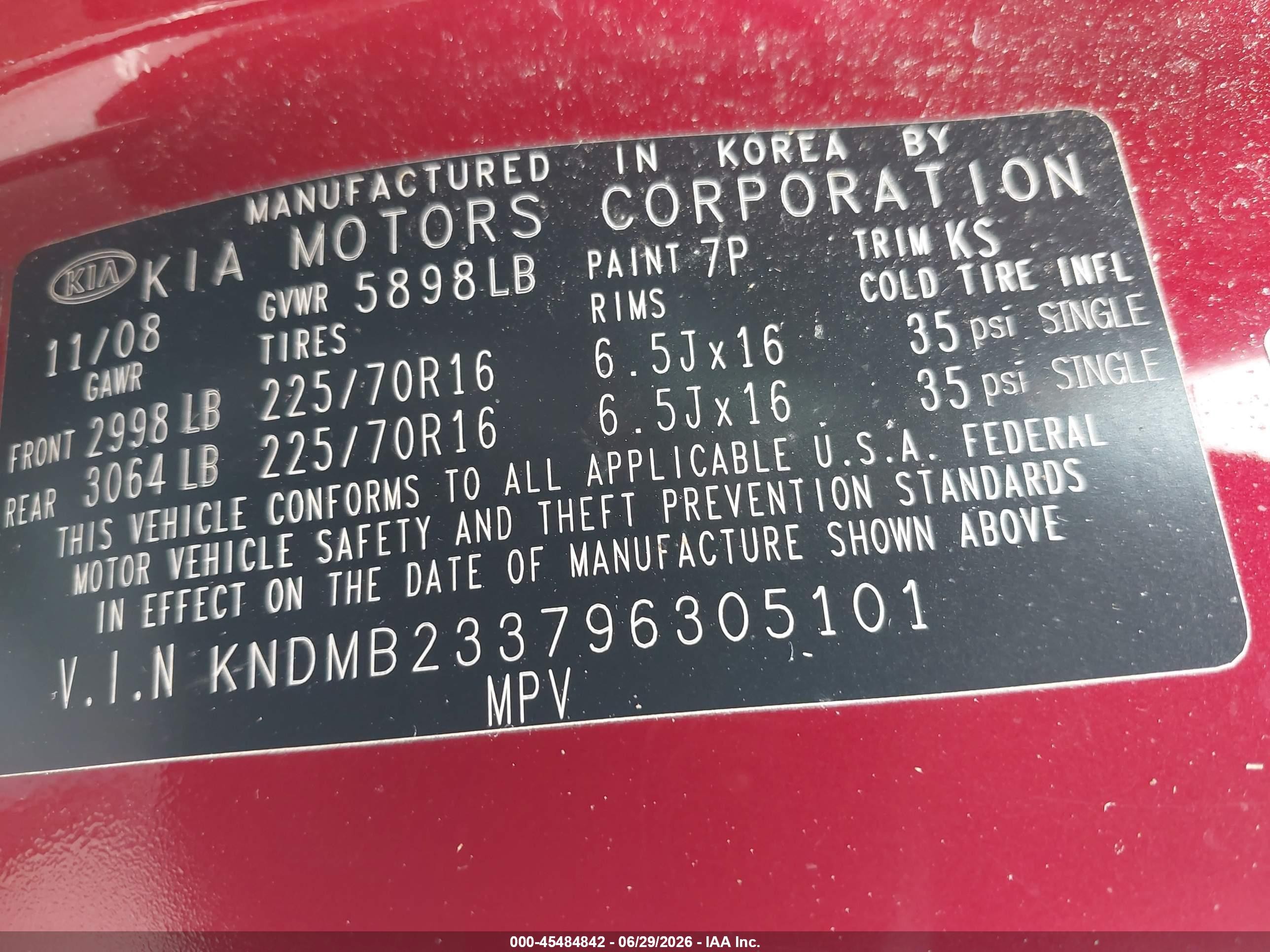 2009 Kia Sedona Lx Red vin: KNDMB233796305101