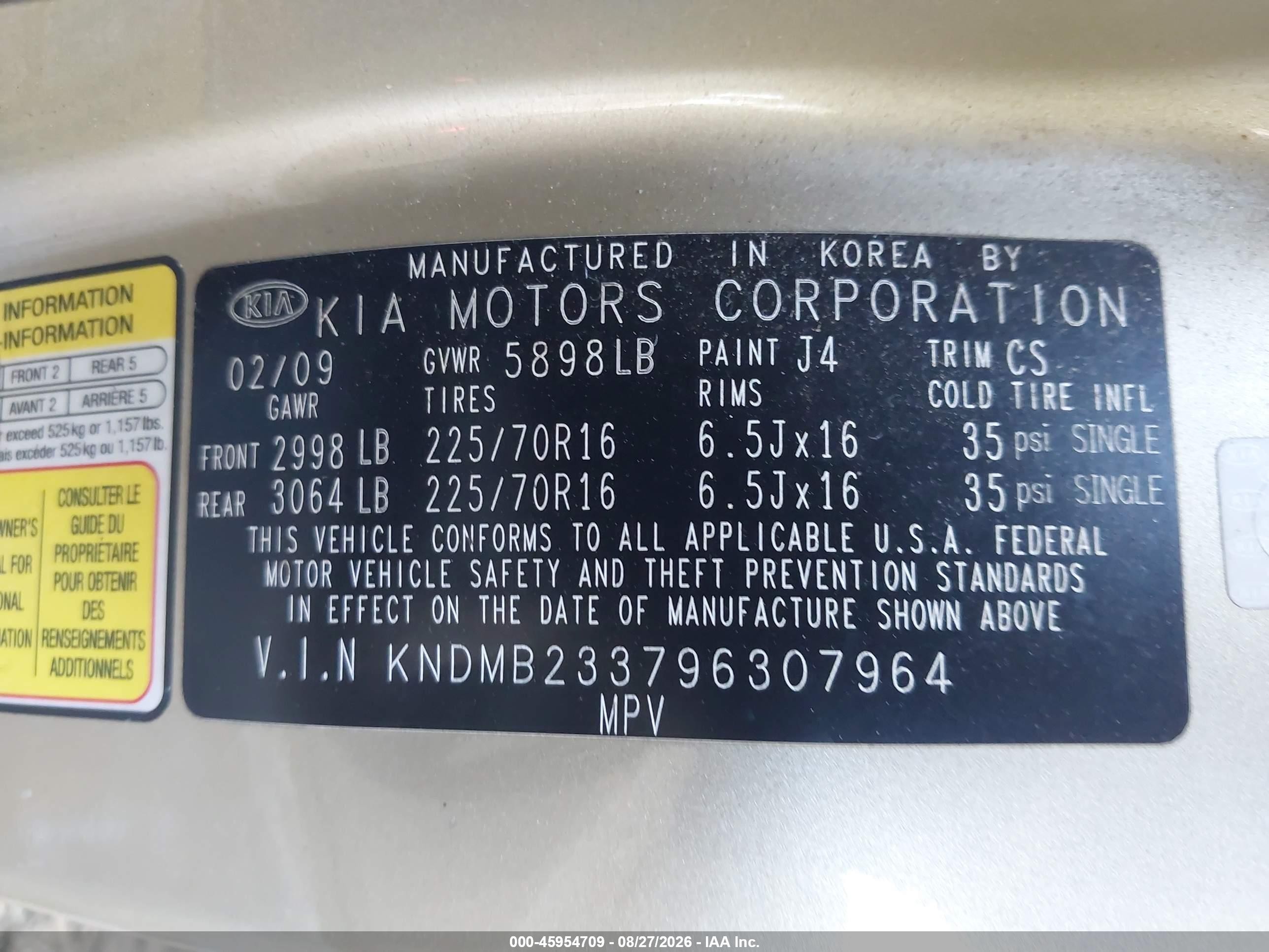 2009 Kia Sedona Lx Gold vin: KNDMB233796307964