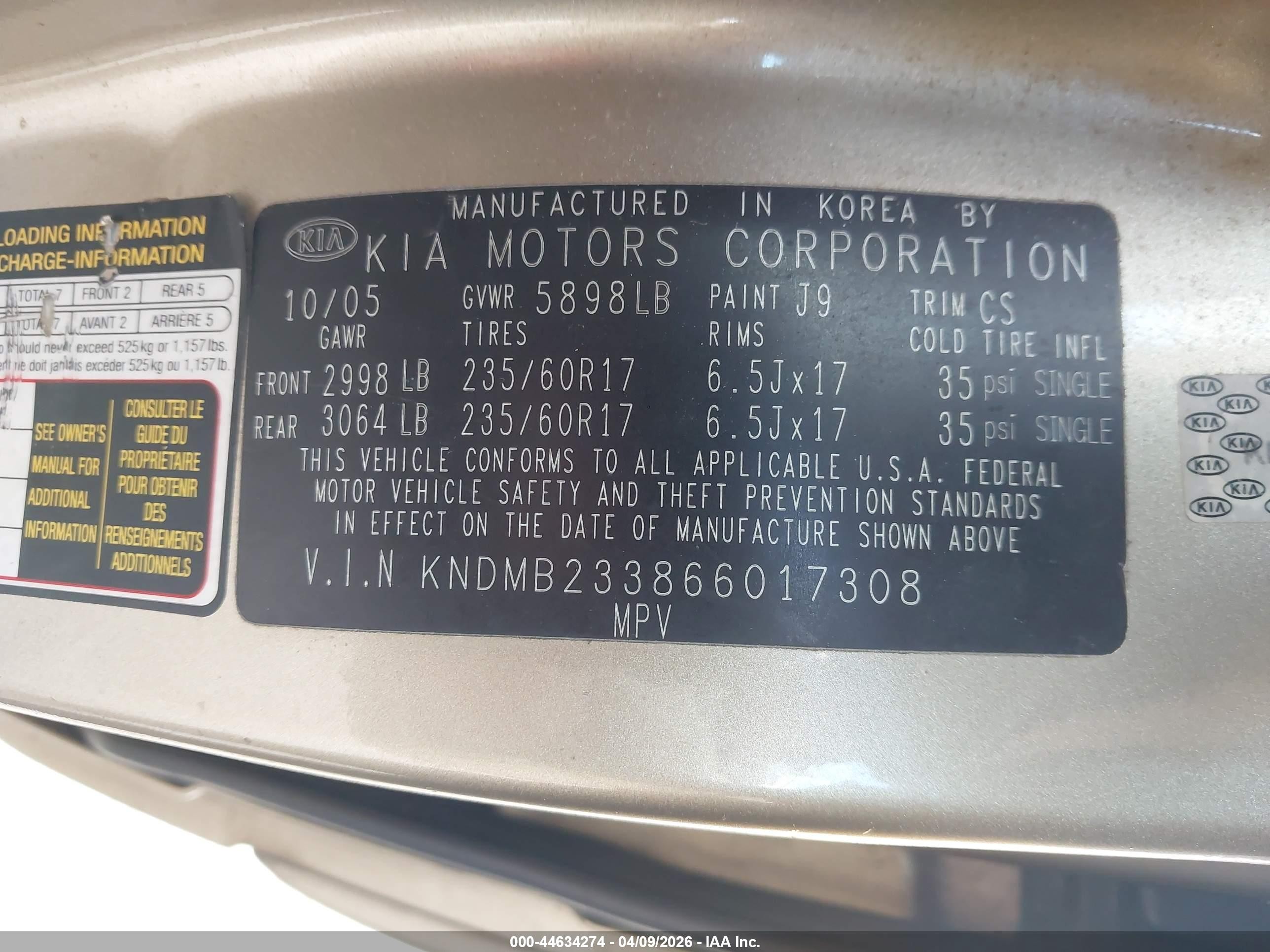 2006 Kia Sedona Ex/lx Gold vin: KNDMB233866017308