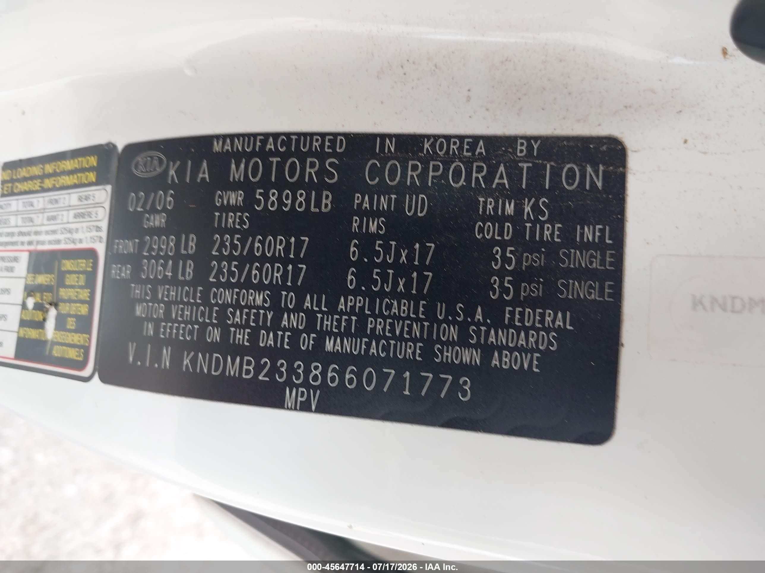 2006 Kia Sedona Ex/lx White vin: KNDMB233866071773