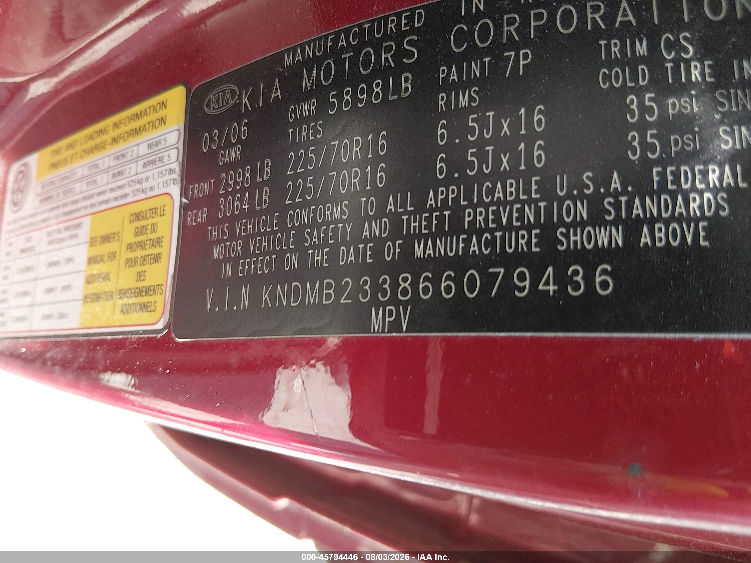 2006 Kia Sedona Ex/lx Red vin: KNDMB233866079436