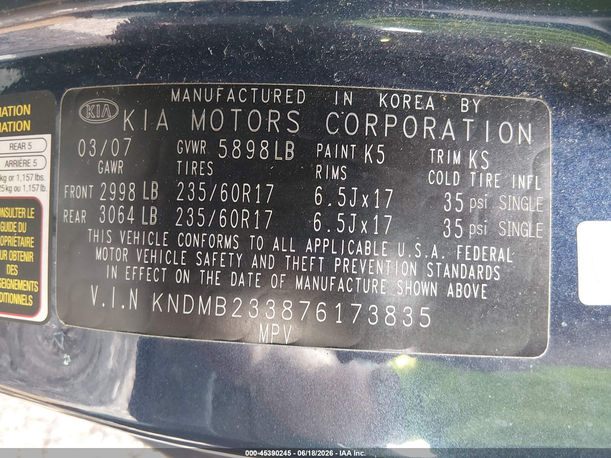 2007 Kia Sedona Ex Blue vin: KNDMB233876173835