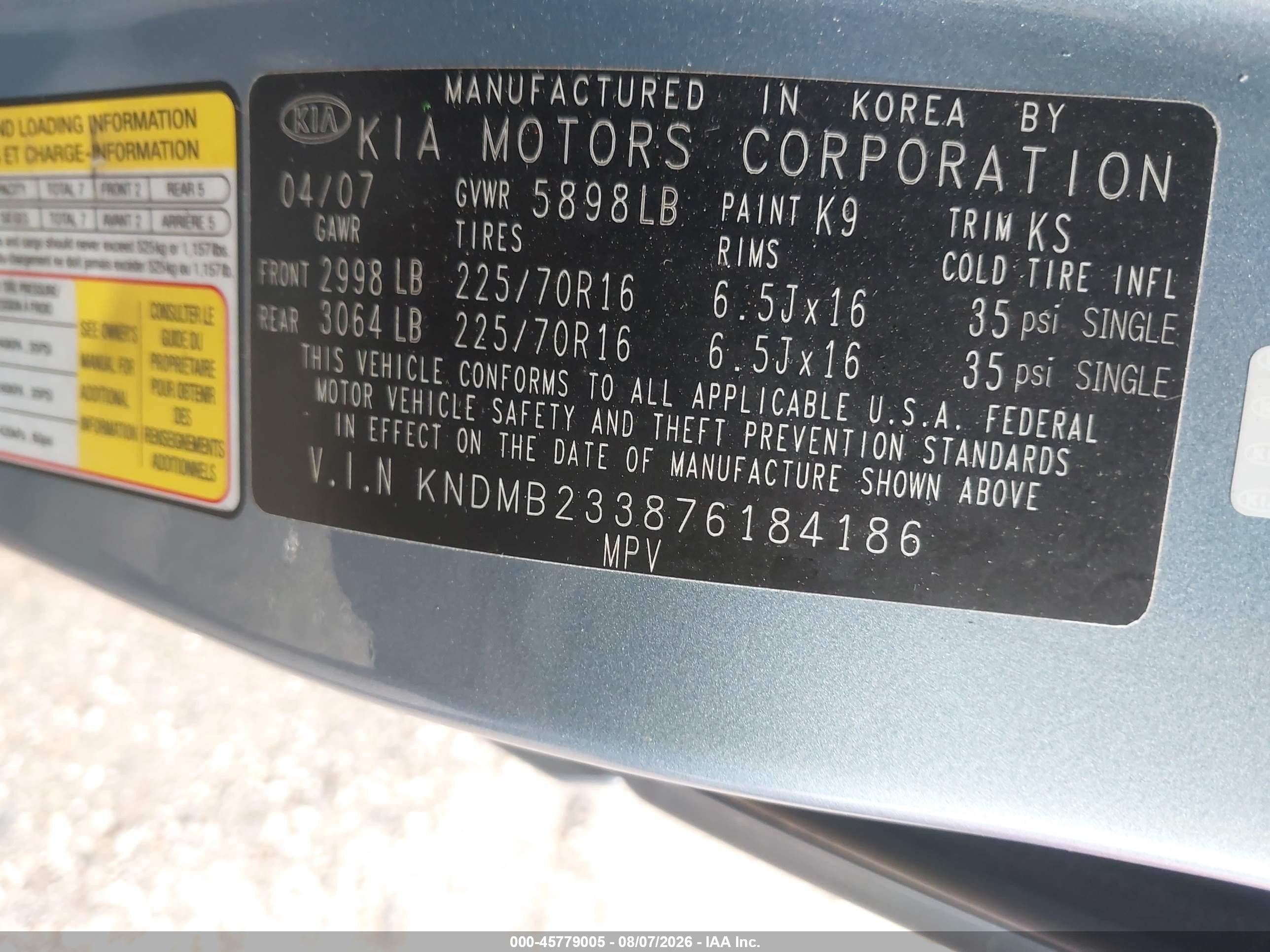 2007 Kia Sedona Lx Blue vin: KNDMB233876184186