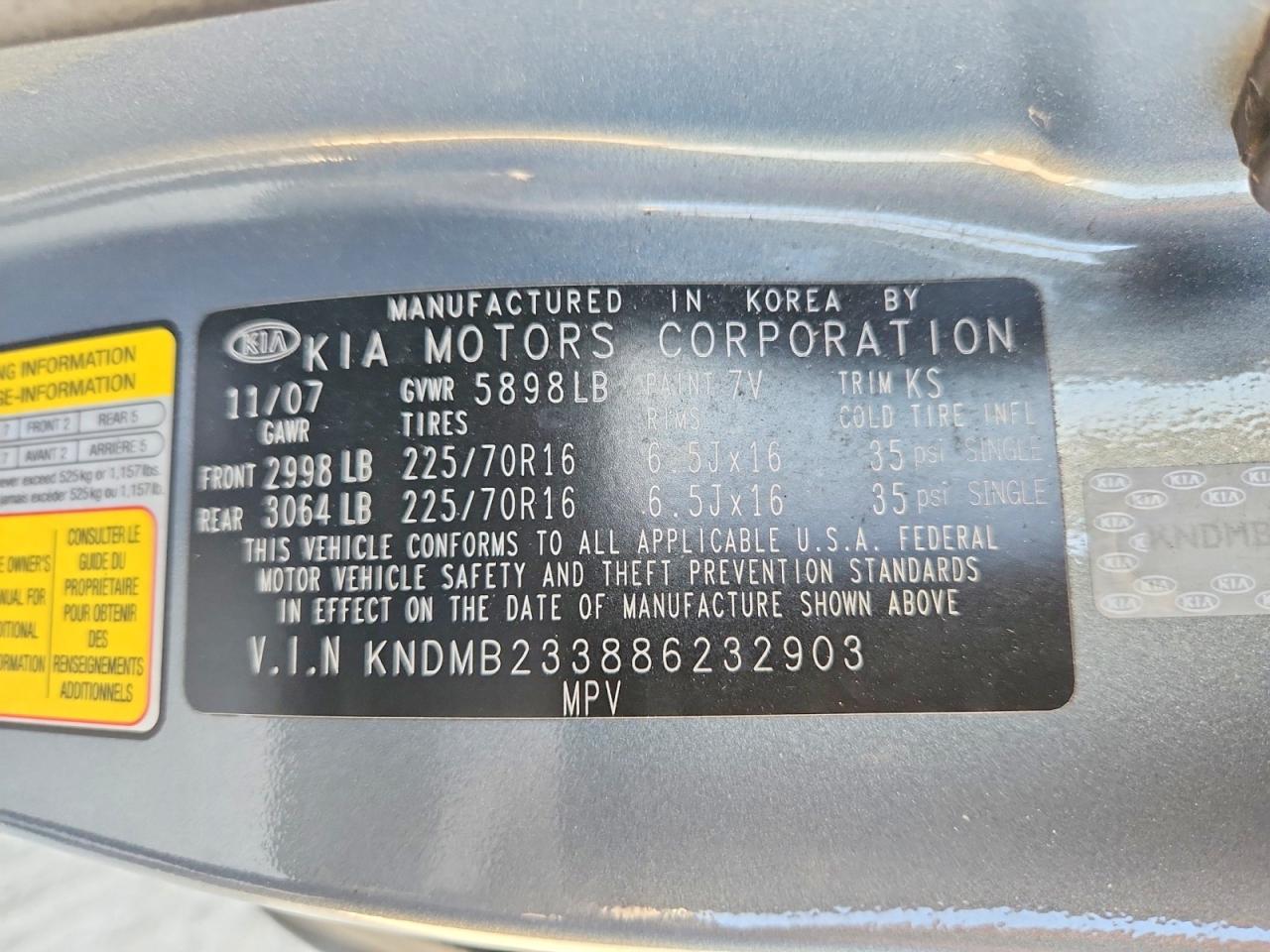 2008 Kia Sedona Lx Blue vin: KNDMB233886232903