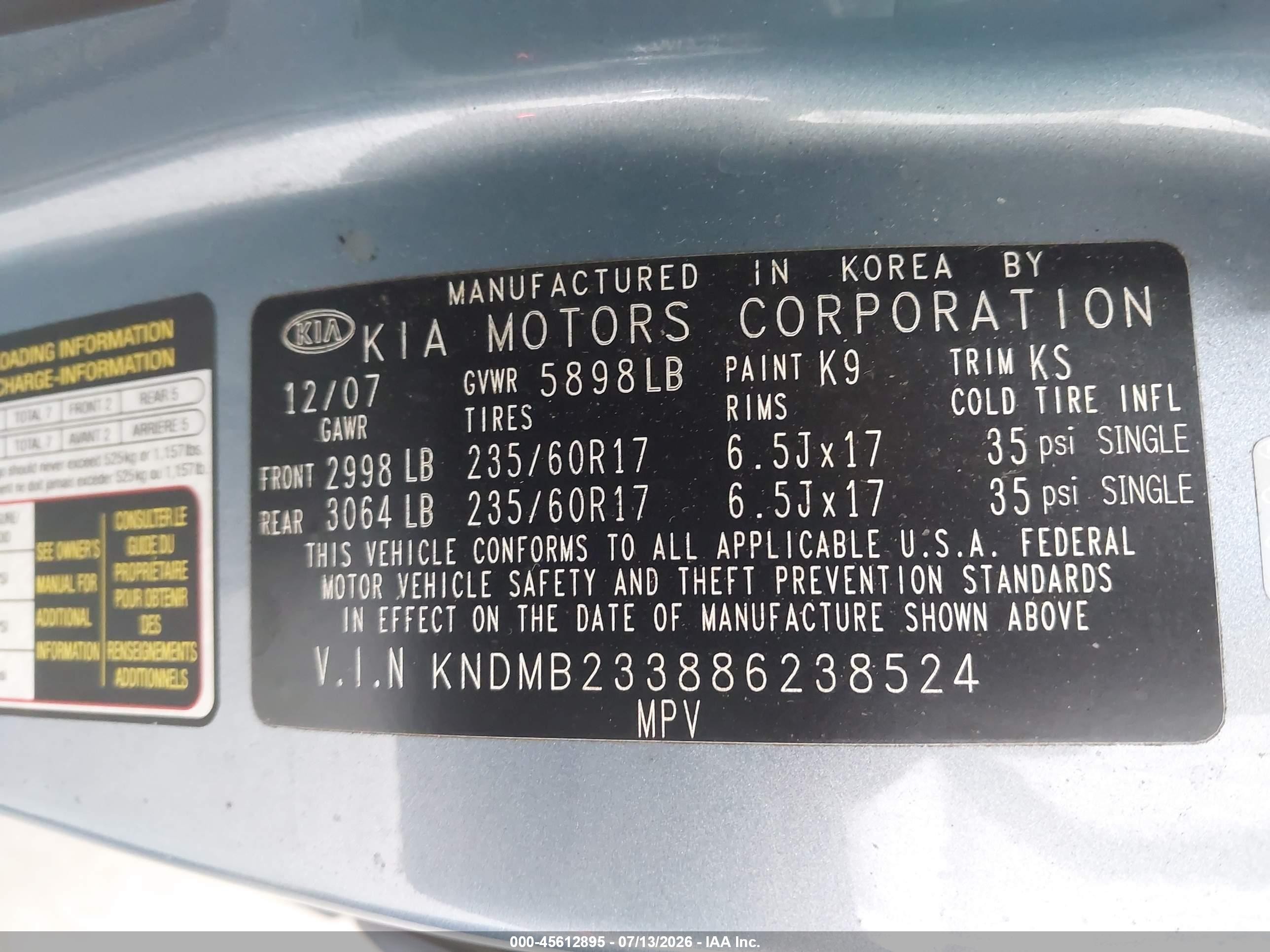 2008 Kia Sedona Ex Blue vin: KNDMB233886238524