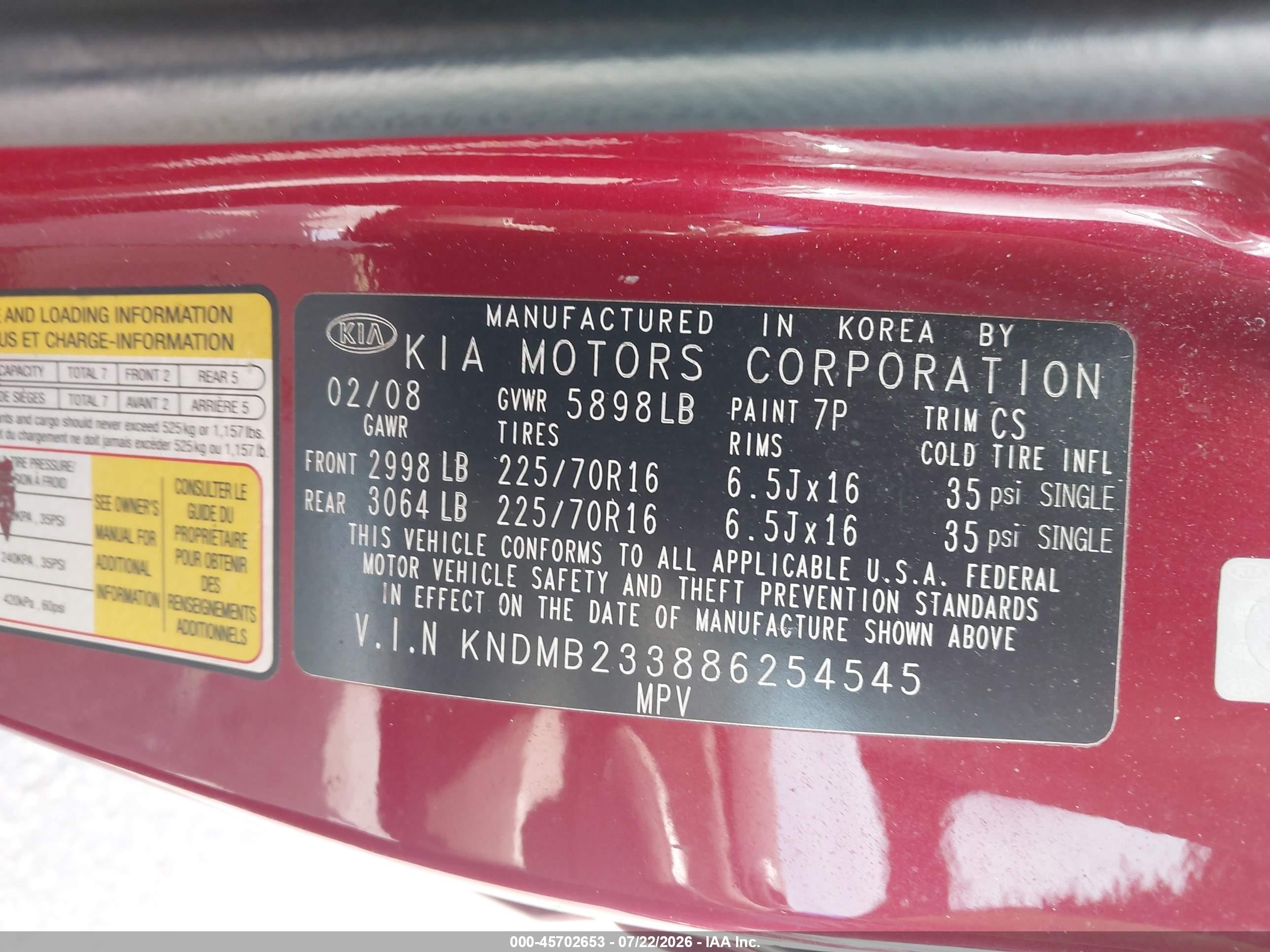 2008 Kia Sedona Lx Burgundy vin: KNDMB233886254545