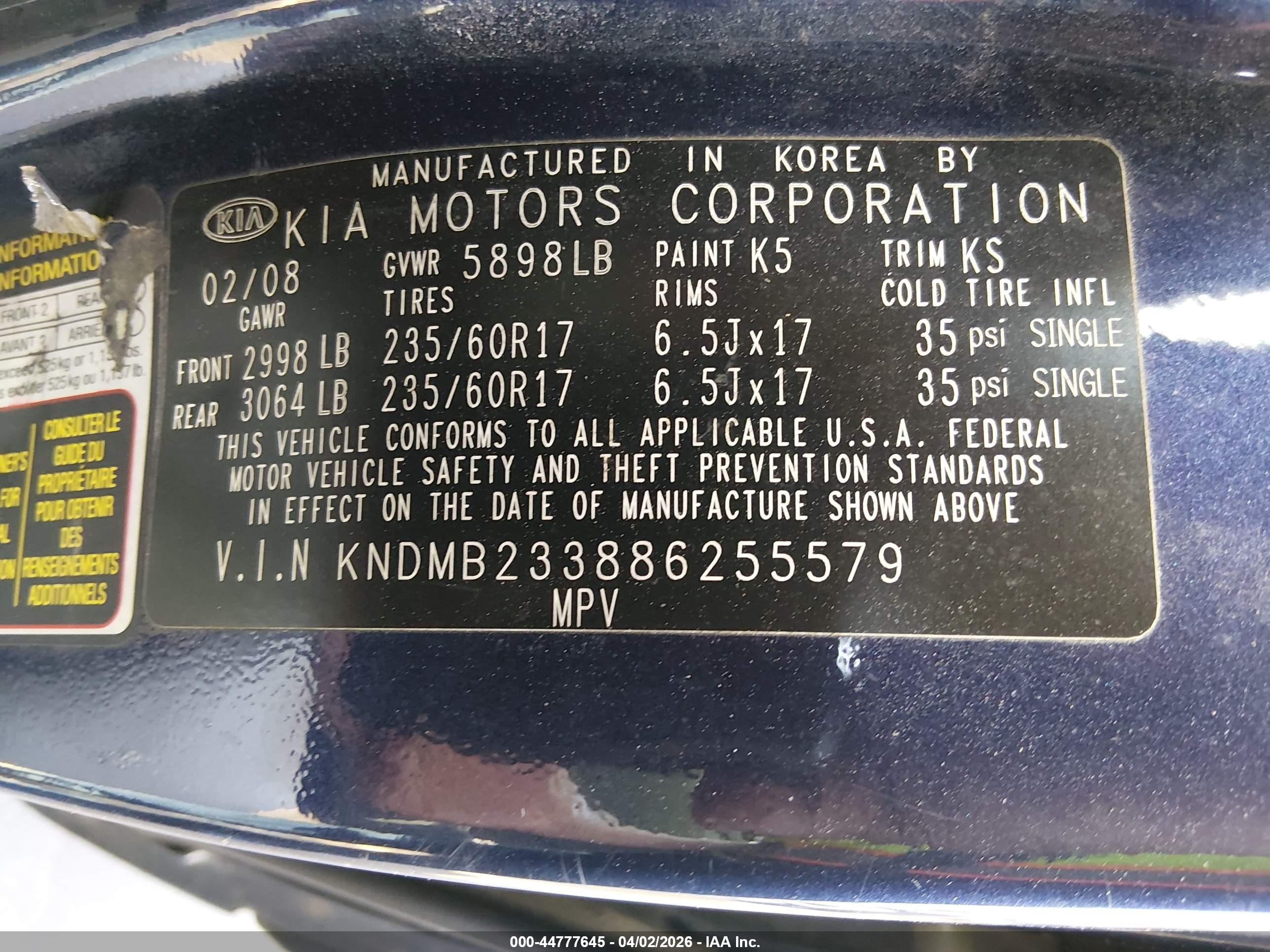 2008 Kia Sedona Ex Dark Blue vin: KNDMB233886255579