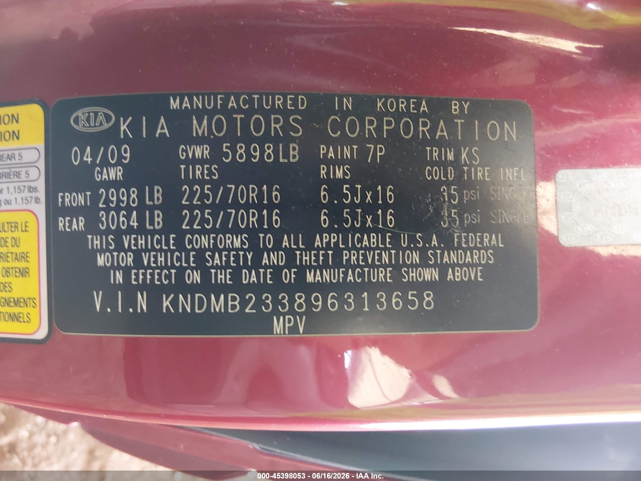 2009 Kia Sedona Lx Maroon vin: KNDMB233896313658