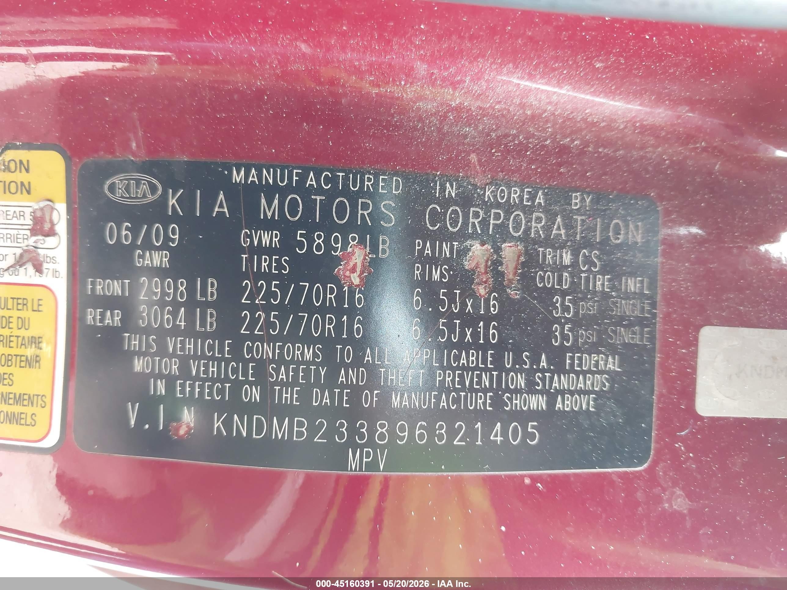2009 Kia Sedona Lx Red vin: KNDMB233896321405