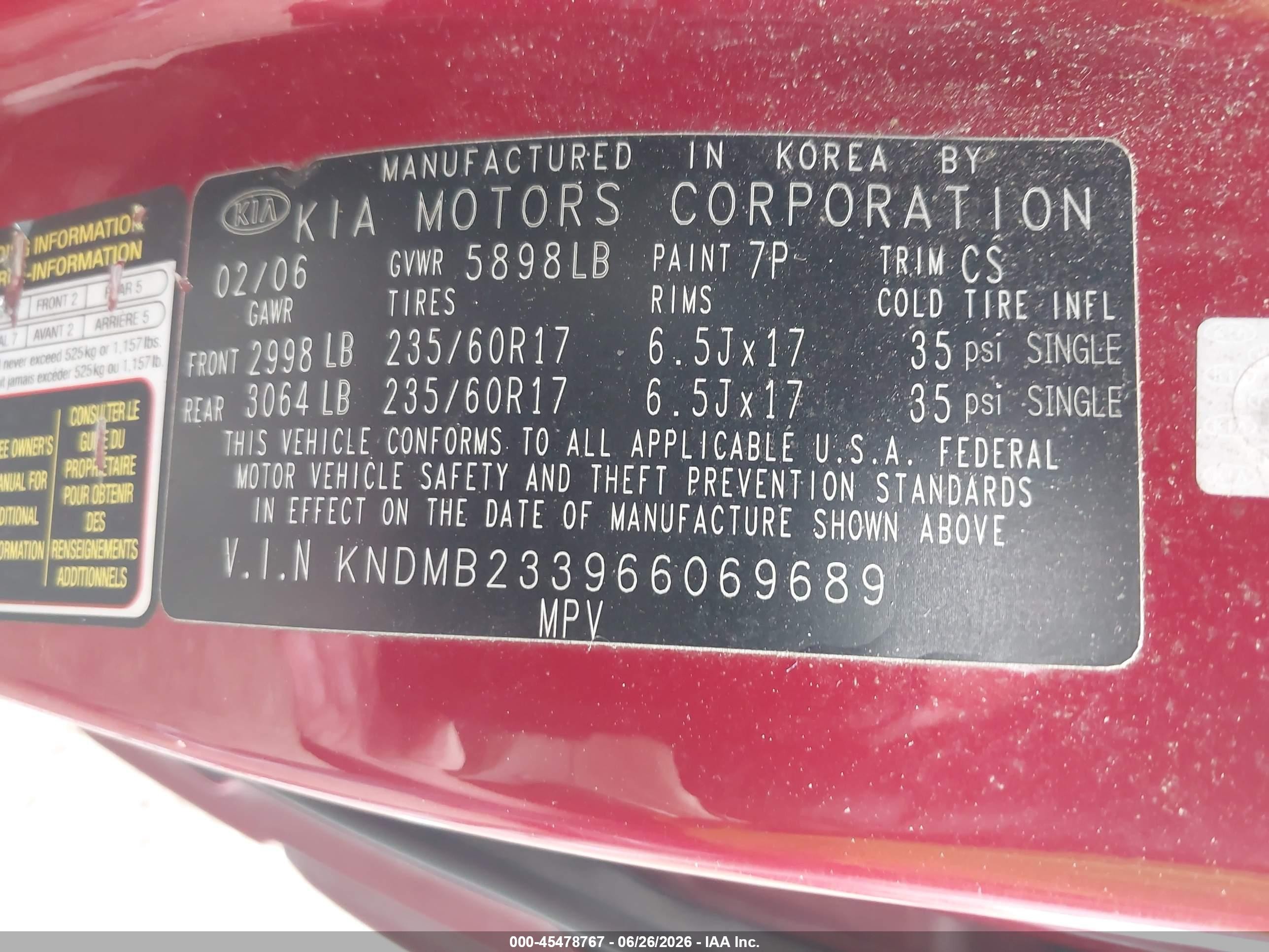 2006 Kia Sedona Ex/lx Red vin: KNDMB233966069689