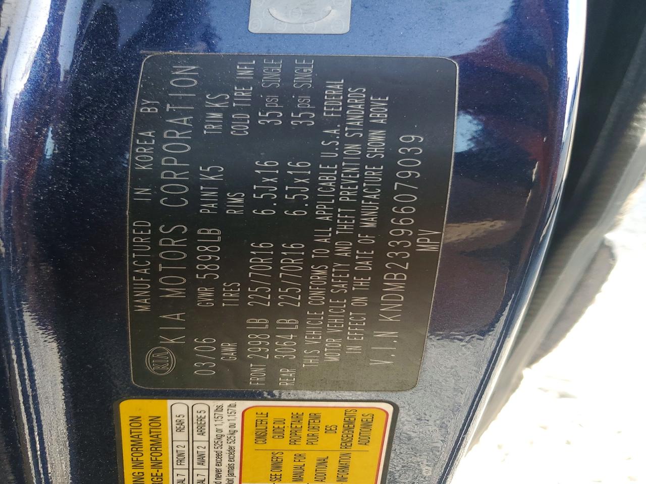 2006 Kia Sedona Lx Blue vin: KNDMB233966079039