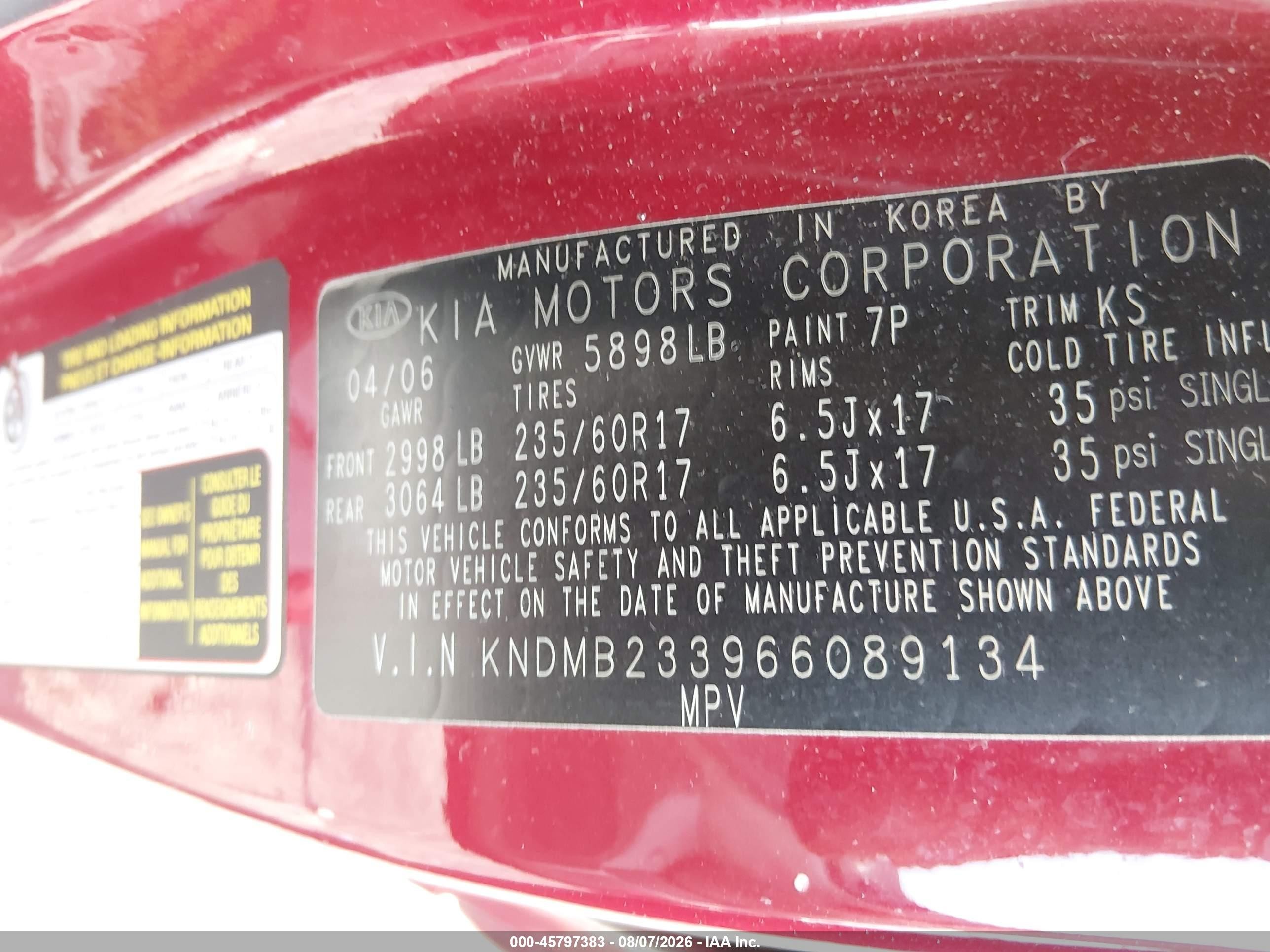 2006 Kia Sedona Ex/lx Red vin: KNDMB233966089134