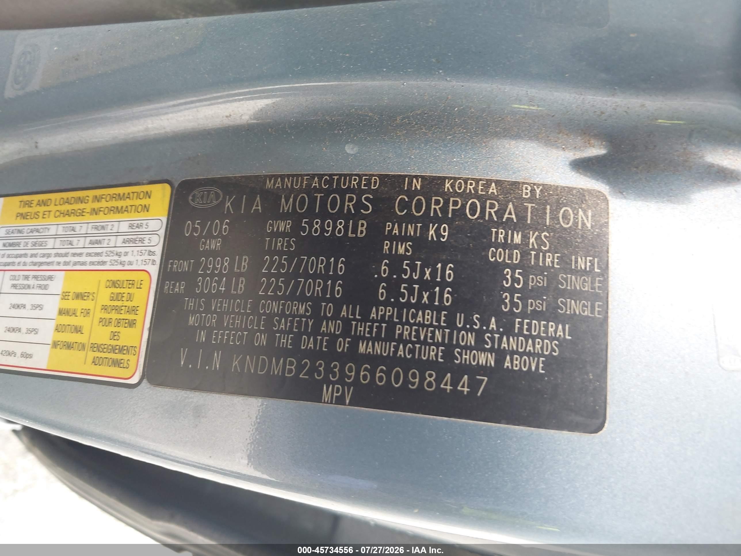 2006 Kia Sedona Ex/lx Blue vin: KNDMB233966098447