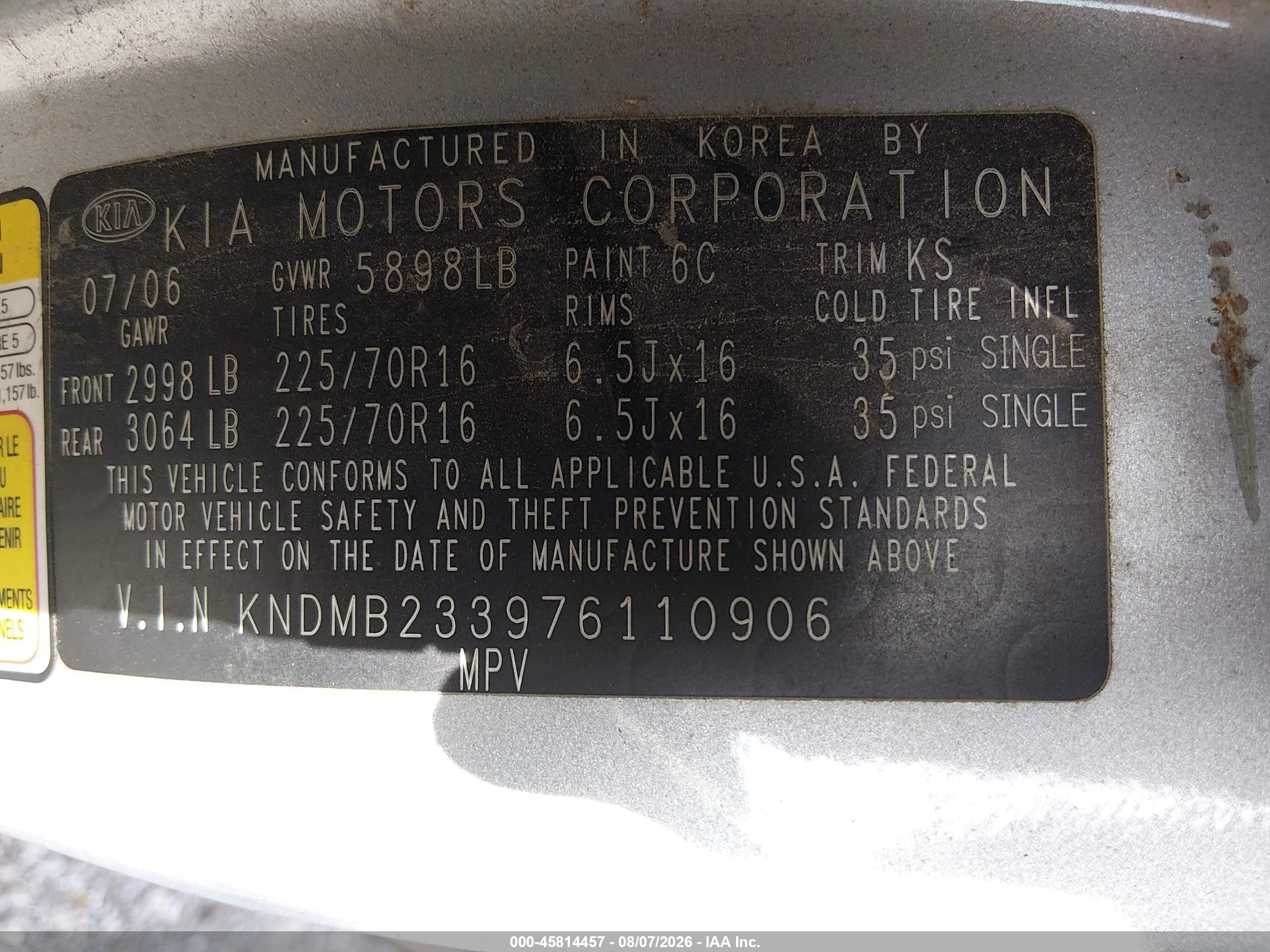 2007 Kia Sedona Lx Silver vin: KNDMB233976110906