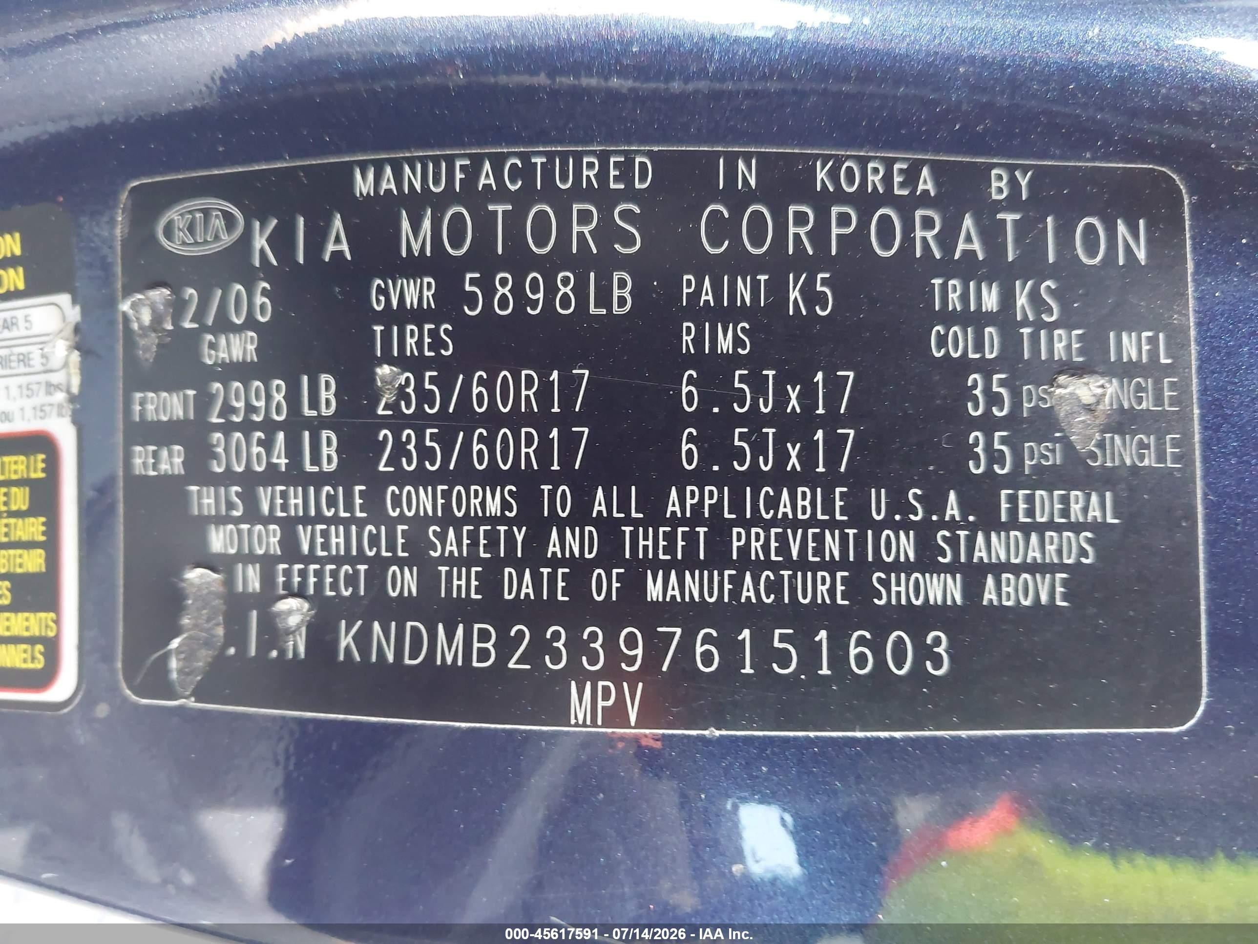 2007 Kia Sedona Ex Синий vin: KNDMB233976151603
