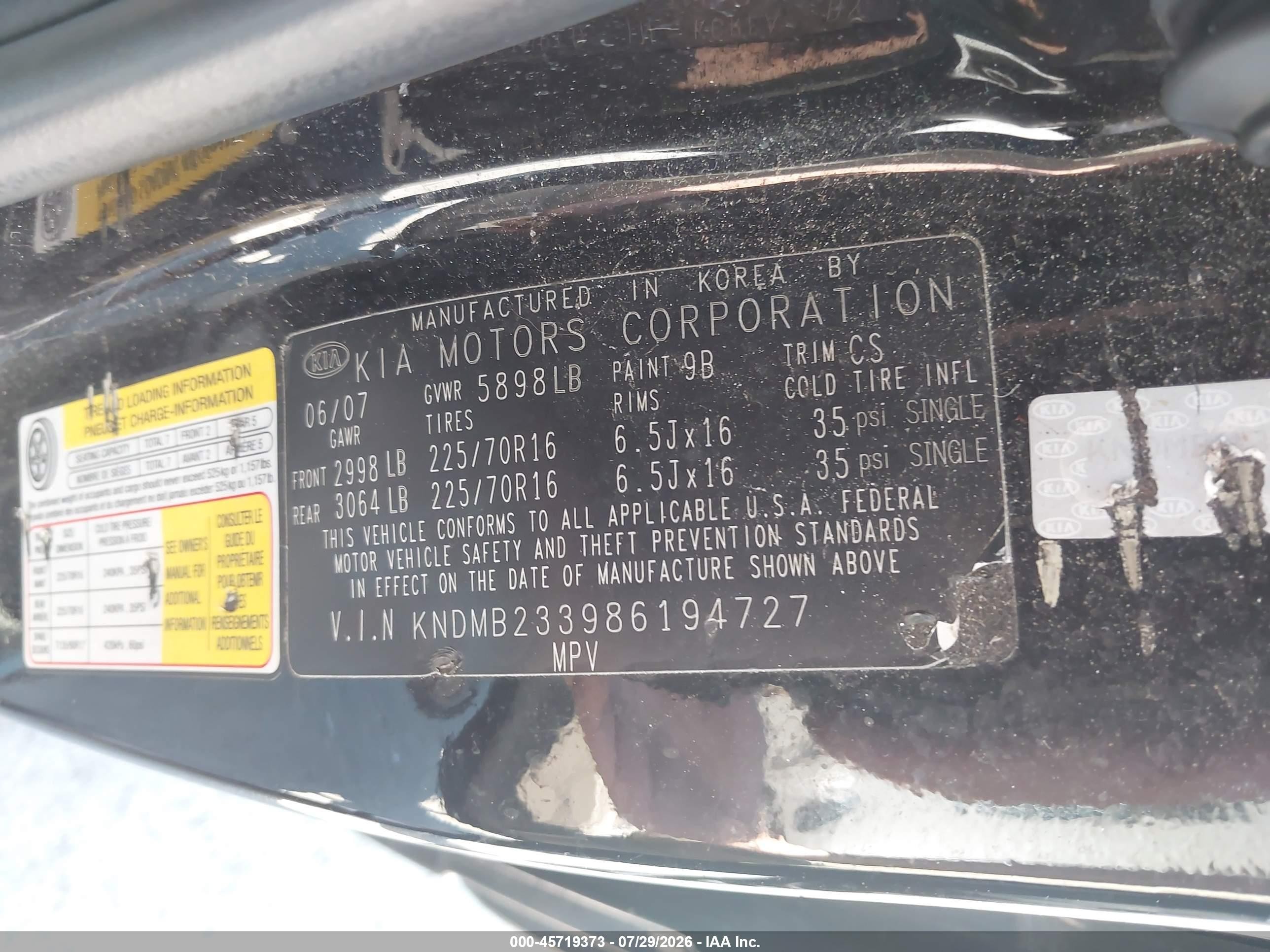 2008 Kia Sedona Lx Black vin: KNDMB233986194727