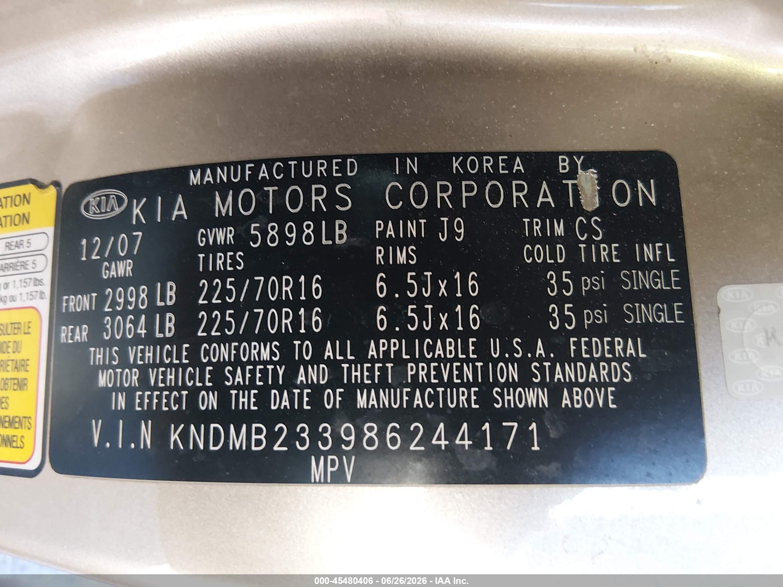 2008 Kia Sedona Lx Tan vin: KNDMB233986244171