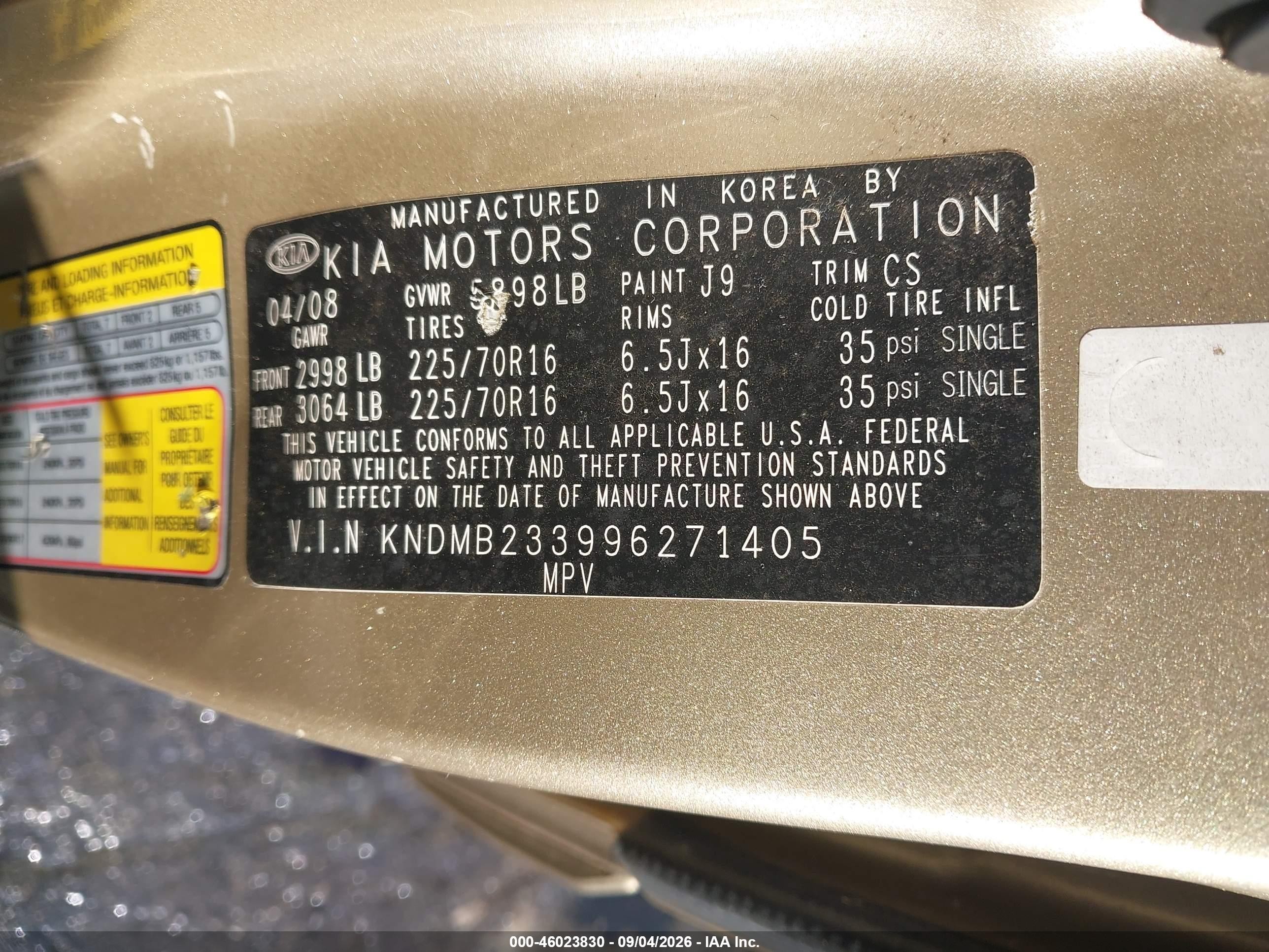2009 Kia Sedona Lx Gold vin: KNDMB233996271405